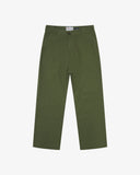 Front flat view of 5016 Uskees men's organic twill coriander green 'commuter' trousers showing the reinforced inseam and straight leg silhouette.