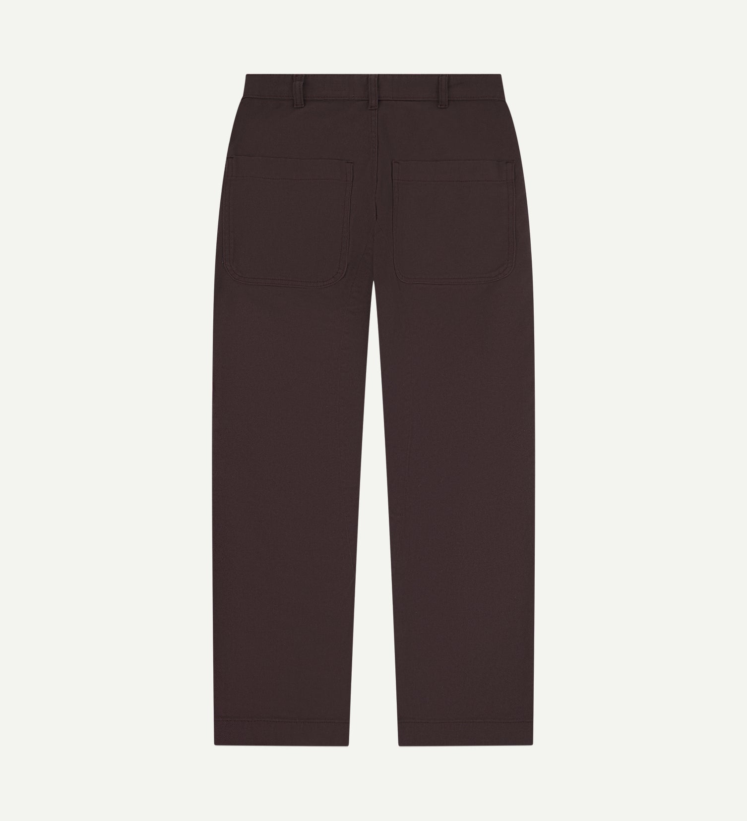 Full length back-view of 'dark plum' heavyweight drill 5016 commuter trousers indicating relaxed and refined cut with view of rear pockets and belt loops.