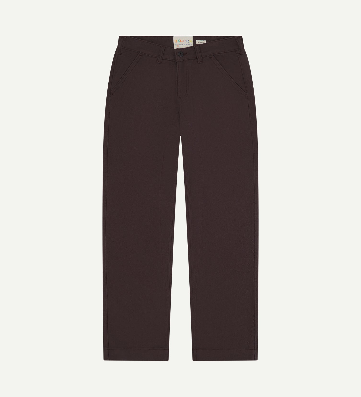 Front flat view of 5016 Uskees men's organic heavyweight drill 'dark plum' commuter trousers showing straight leg fit.