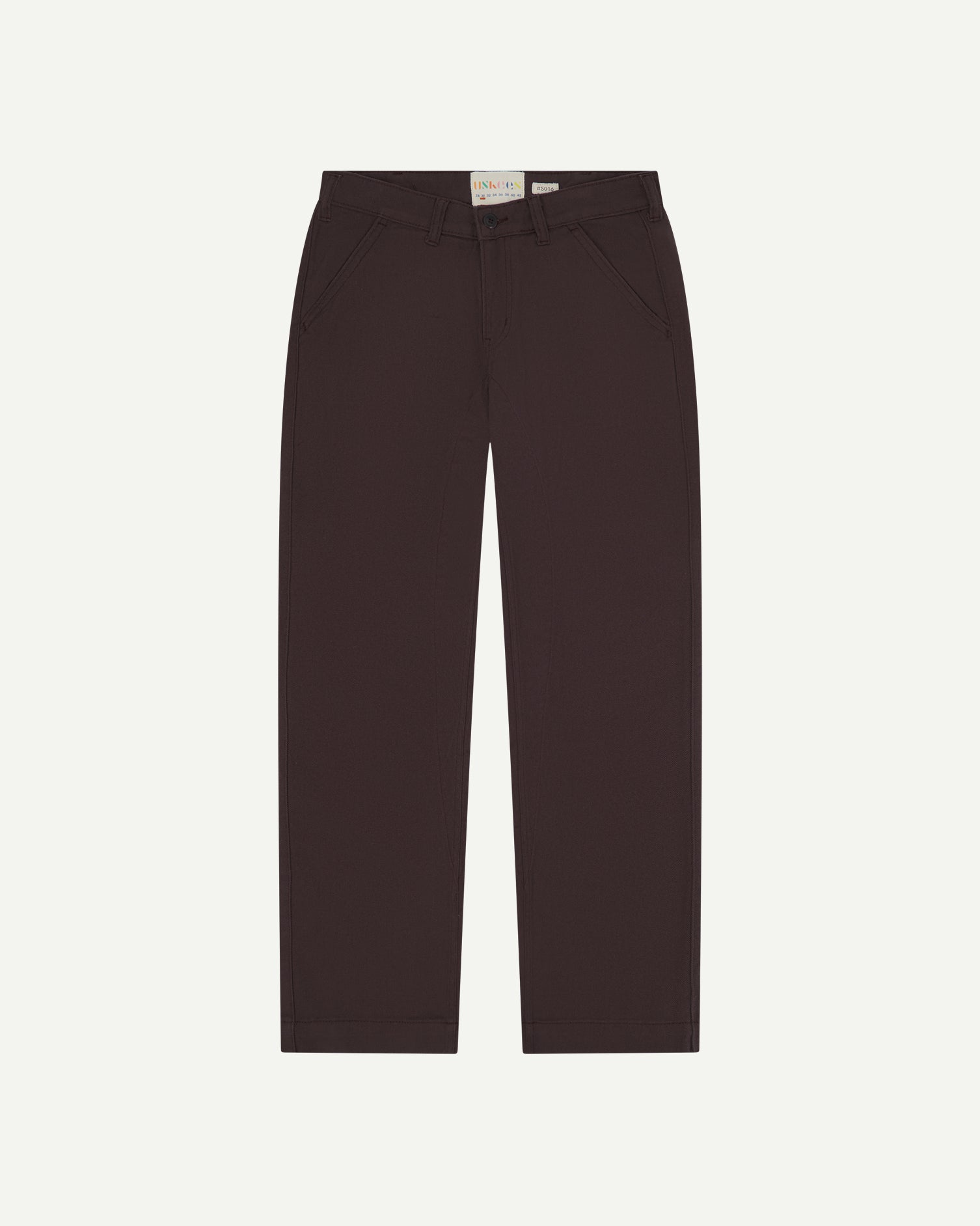 Front flat view of 5016 Uskees men's organic heavyweight drill 'dark plum' commuter trousers showing straight leg fit.