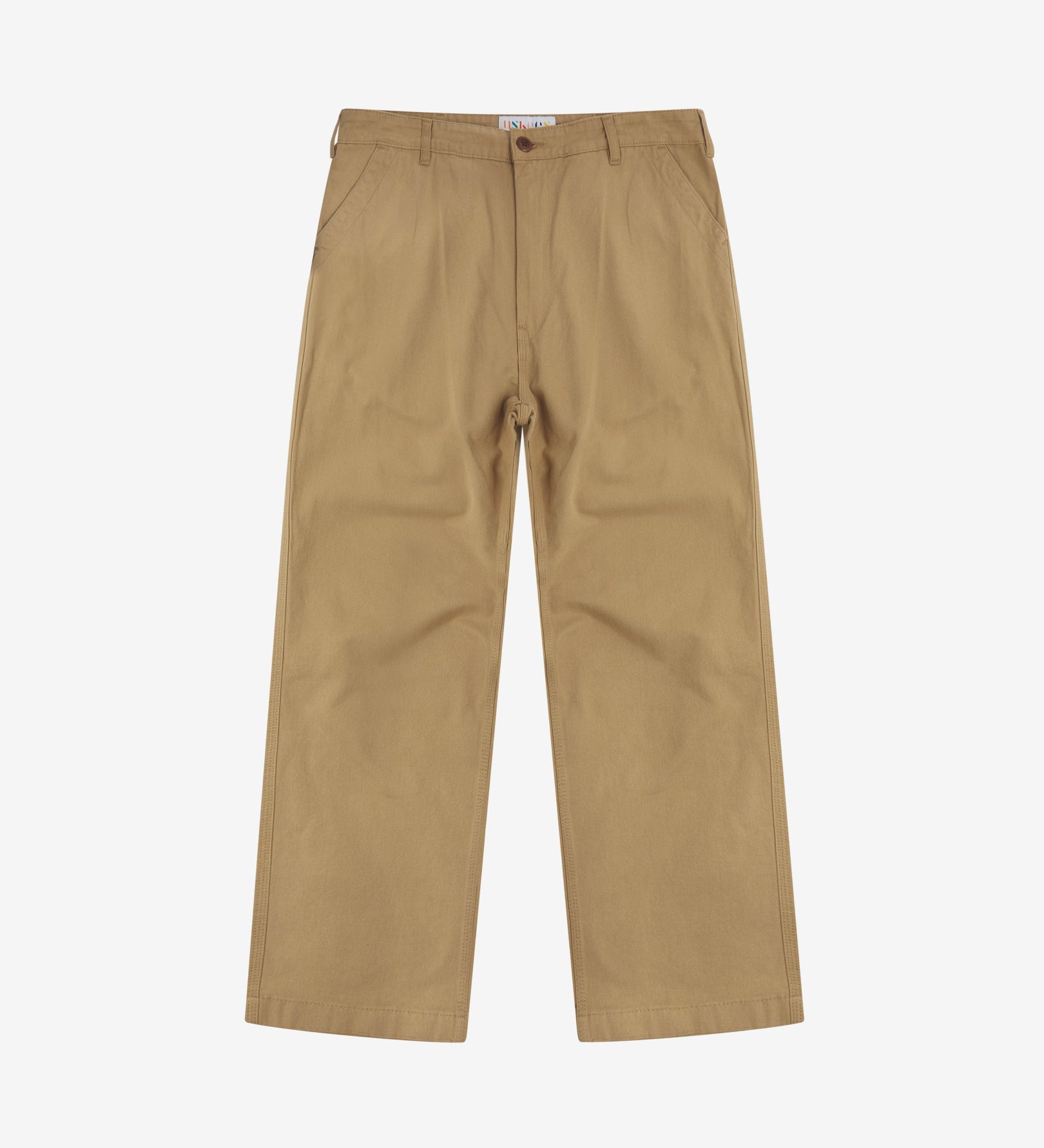 Front flat view of 5016 Uskees men's organic twill khaki 'commuter' trousers showing the reinforced inseam and straight leg silhouette.