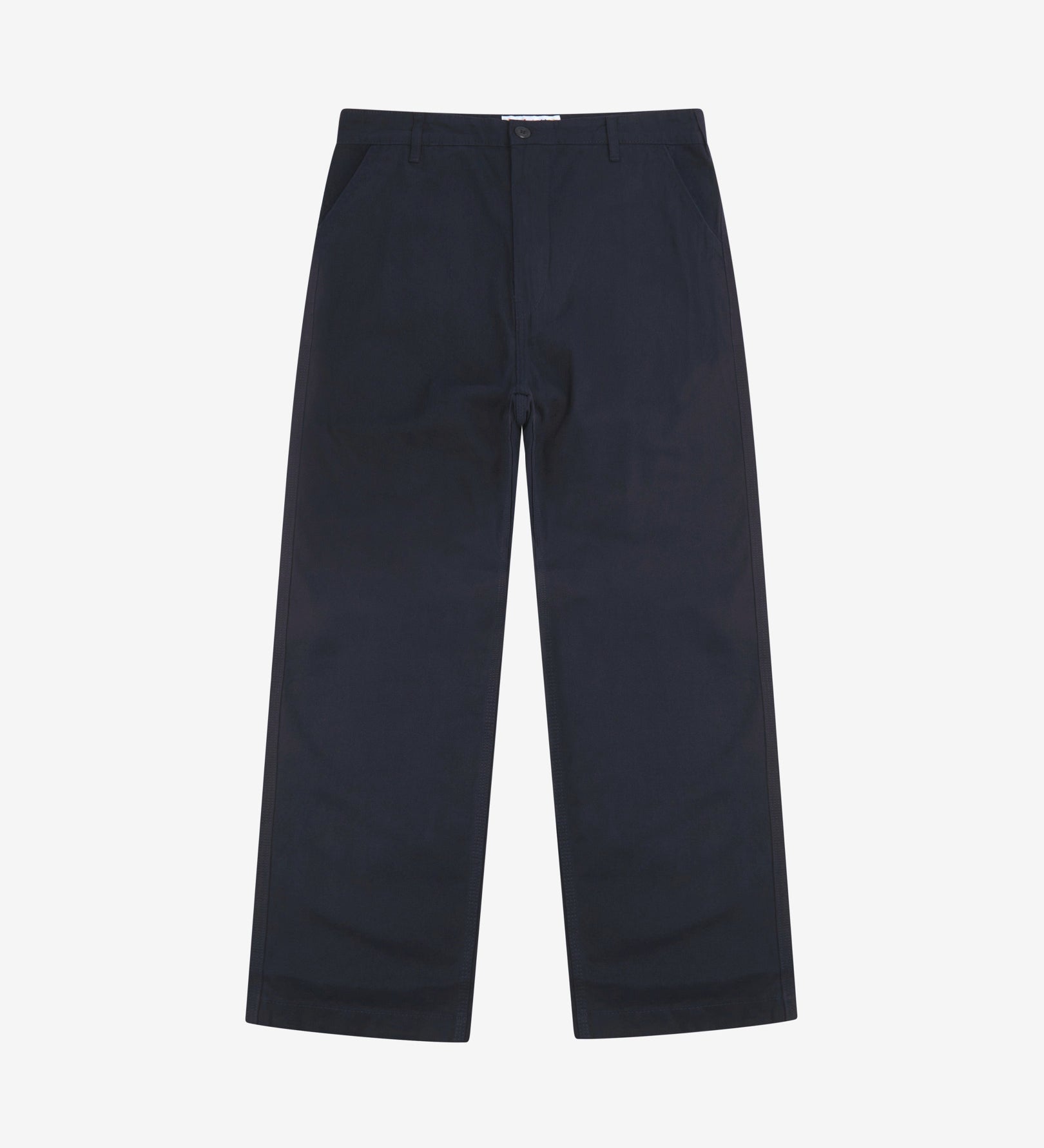 Front flat view of 5016 Uskees men's organic twill midnight blue 'commuter' trousers showing the reinforced inseam and straight leg silhouette.