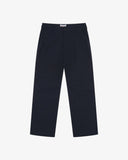 Front flat view of 5016 Uskees men's organic twill midnight blue 'commuter' trousers showing the reinforced inseam and straight leg silhouette.