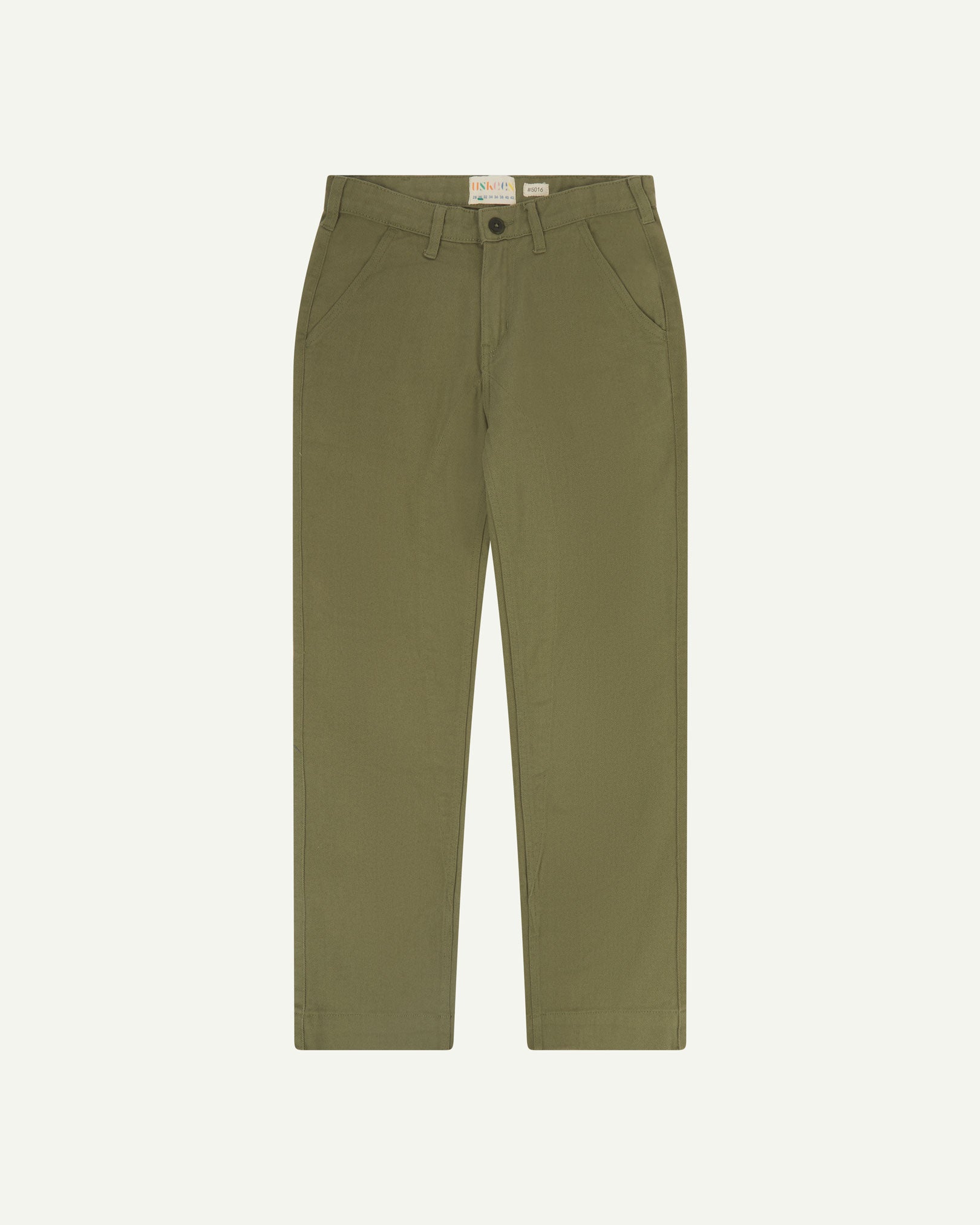 Front flat view of 5016 Uskees men's organic heavyweight drill moss green 'commuter' trousers showing straight leg fit.