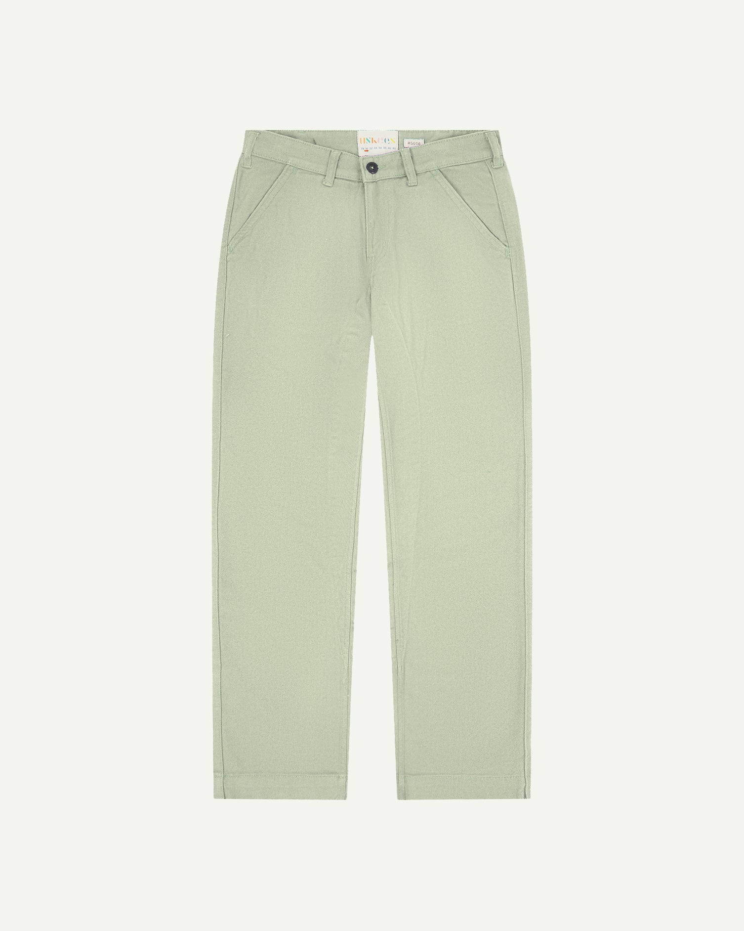 Front flat view of 5016 Uskees men's organic heavyweight drill silver-grey commuter trousers showing straight leg fit.