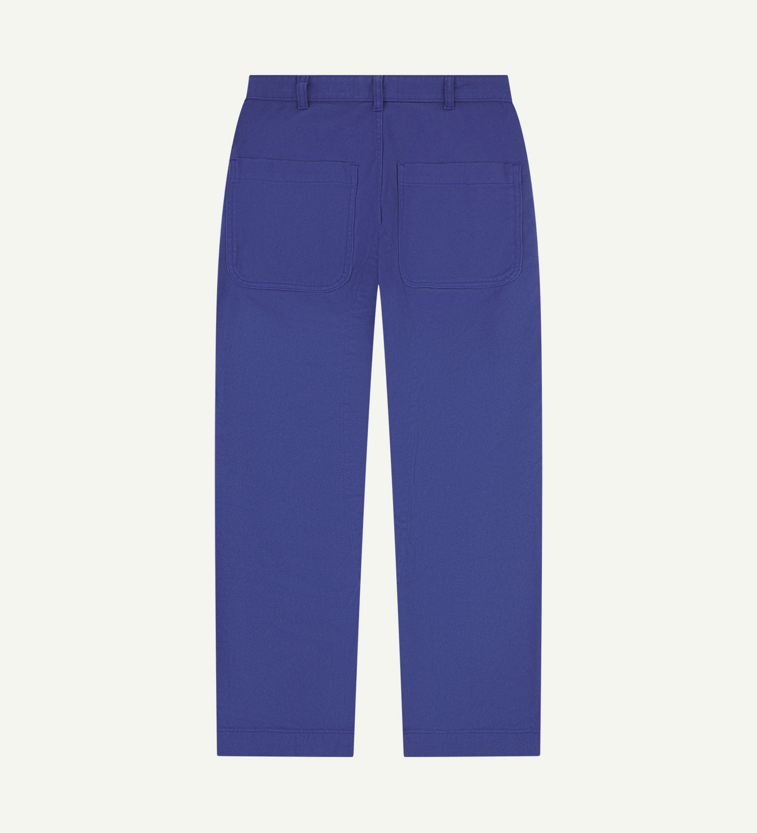 Full length back-view of ultra-blue heavyweight drill 5016 commuter trousers with view of rear pockets and belt loops.