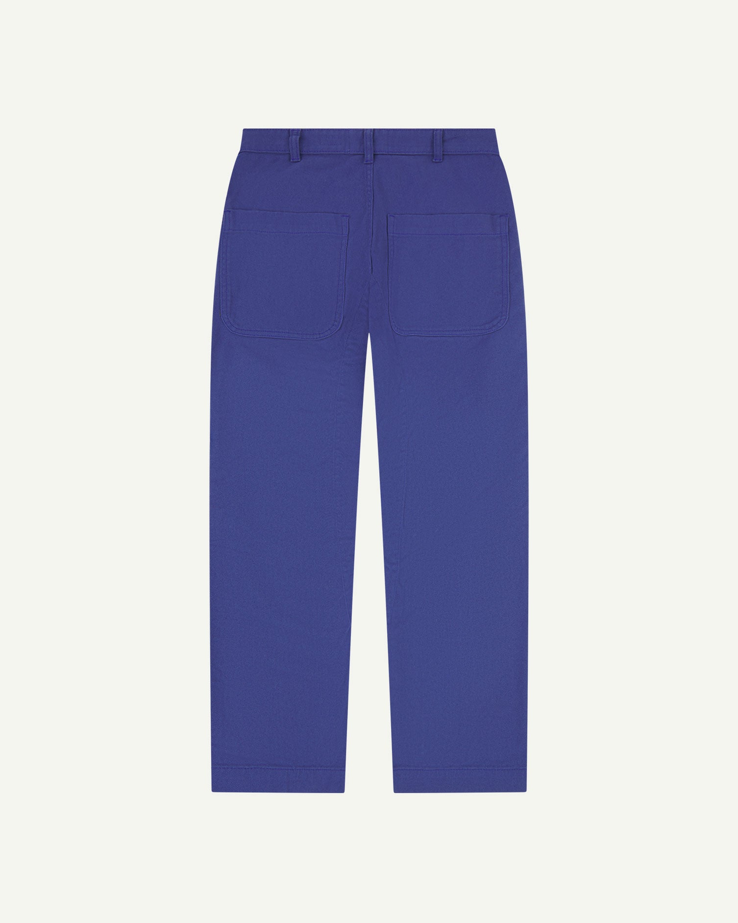 Full length back-view of ultra-blue heavyweight drill 5016 commuter trousers with view of rear pockets and belt loops.