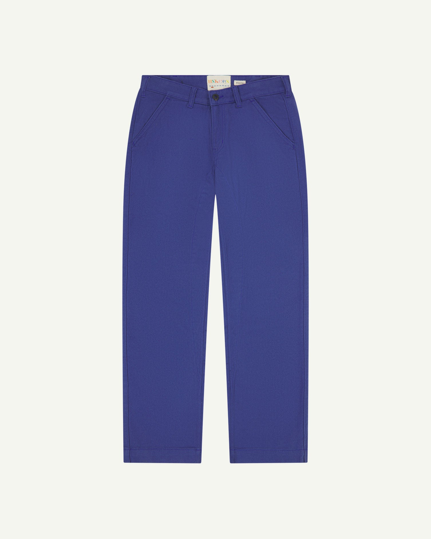 Front flat view of 5016 Uskees men's organic heavyweight drill ultra-blue 'commuter' trousers showing straight leg fit.