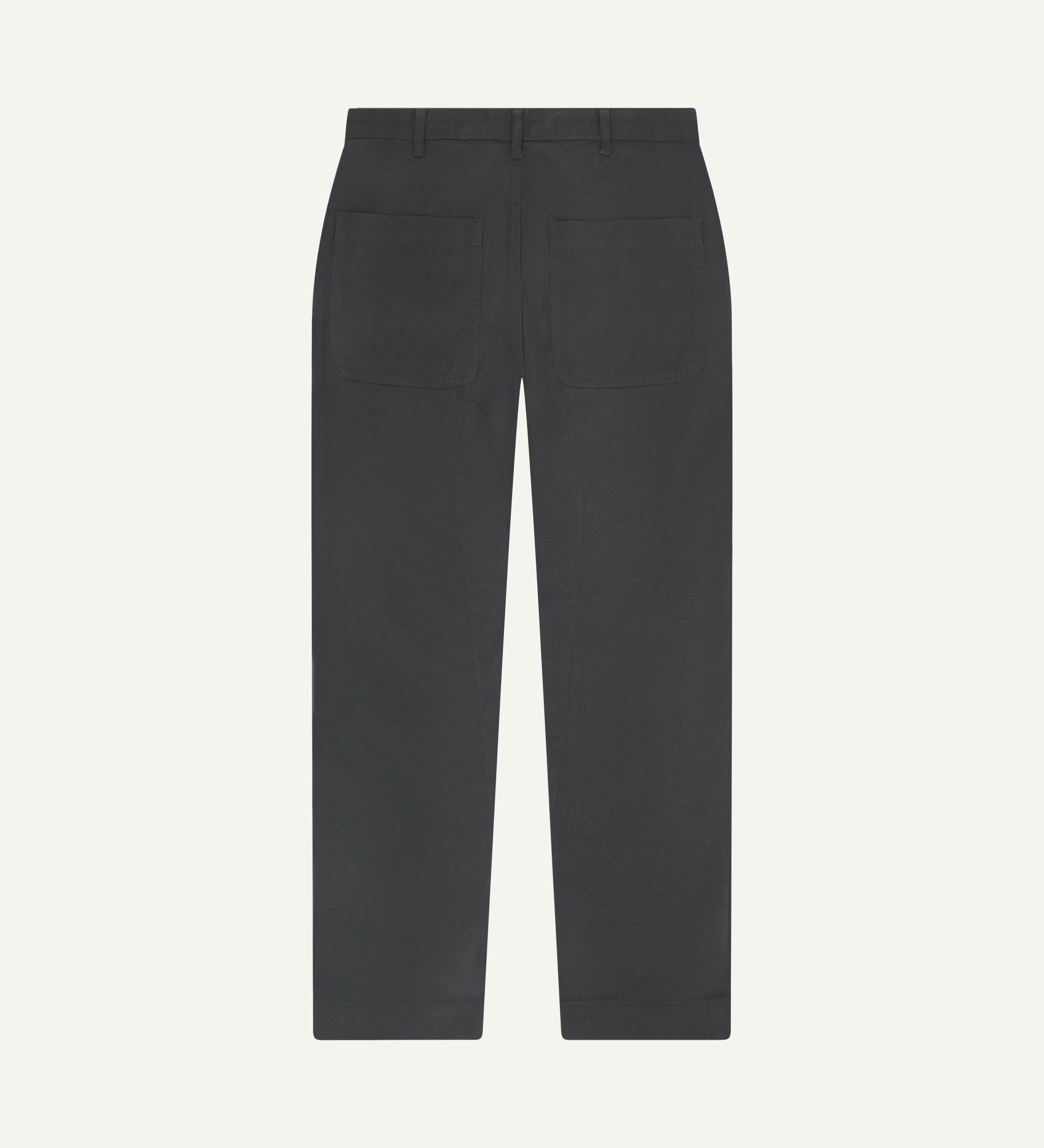 Full length back-view of charcoal grey heavyweight drill 5016 commuter trousers with view of rear pockets and belt loops.