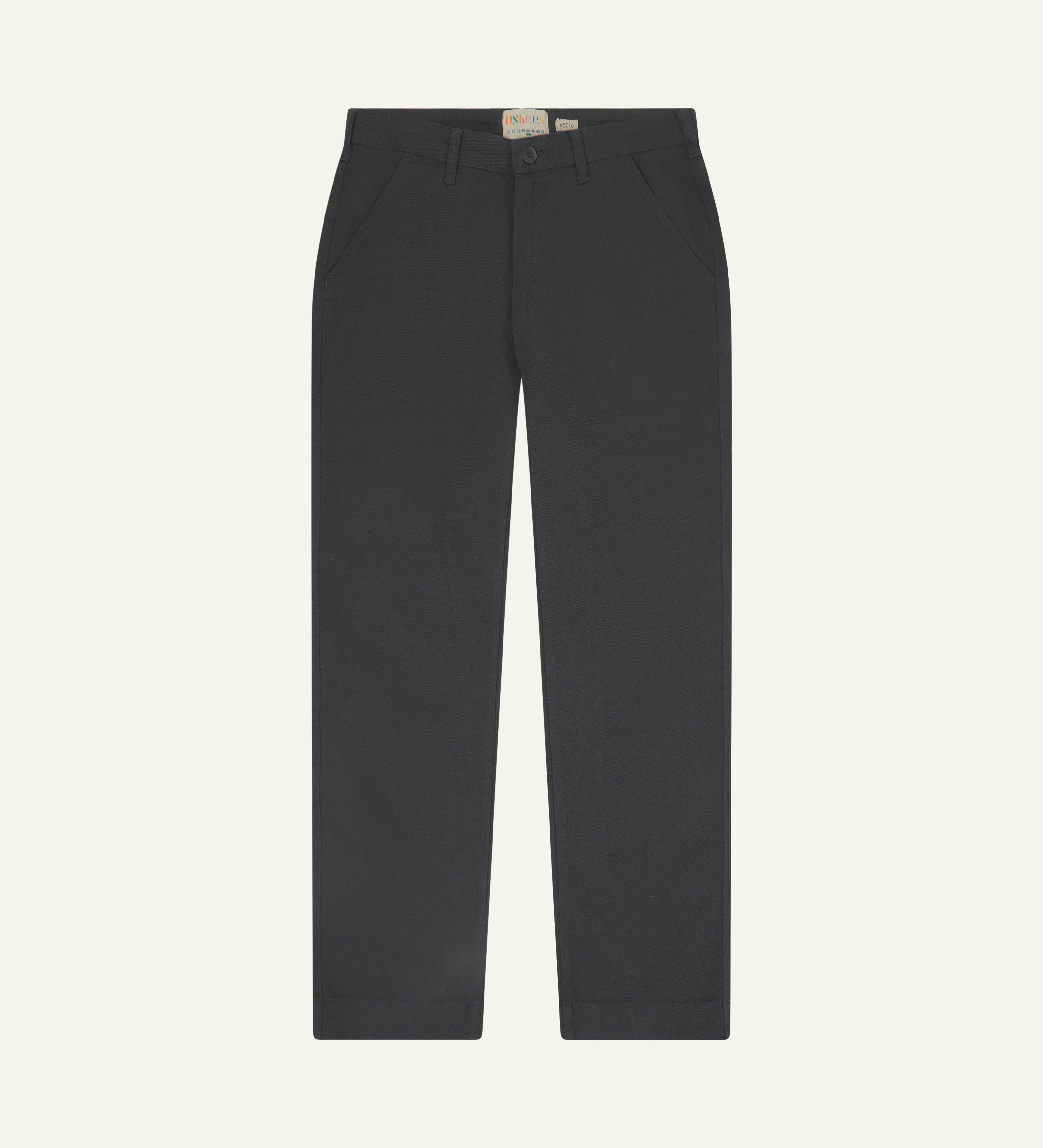 Front flat view of 5016 Uskees men's organic heavyweight drill charcoal grey 'commuter' trousers showing straight leg fit.