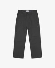 Front flat view of 5016 Uskees men's organic twill charcoal grey 'commuter' trousers showing straight leg fit.