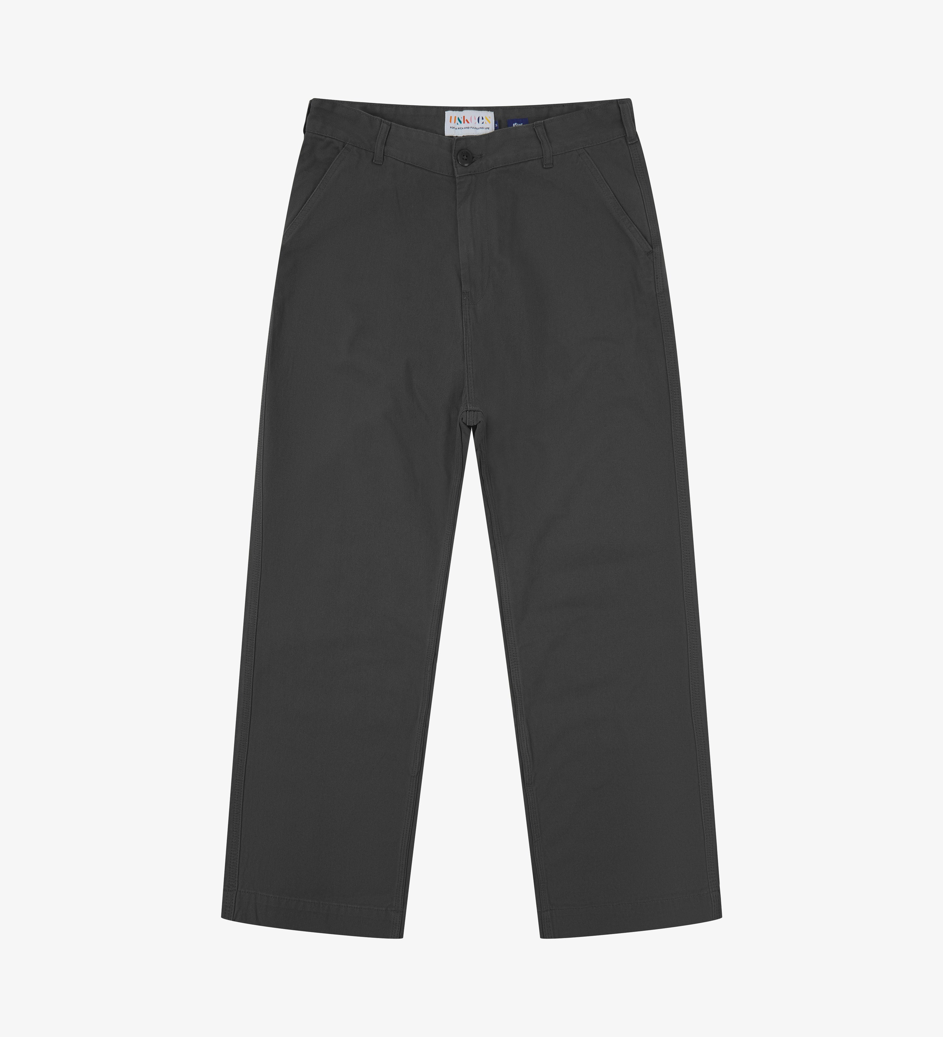 Front flat view of 5016 Uskees men's organic twill charcoal grey 'commuter' trousers showing straight leg fit.