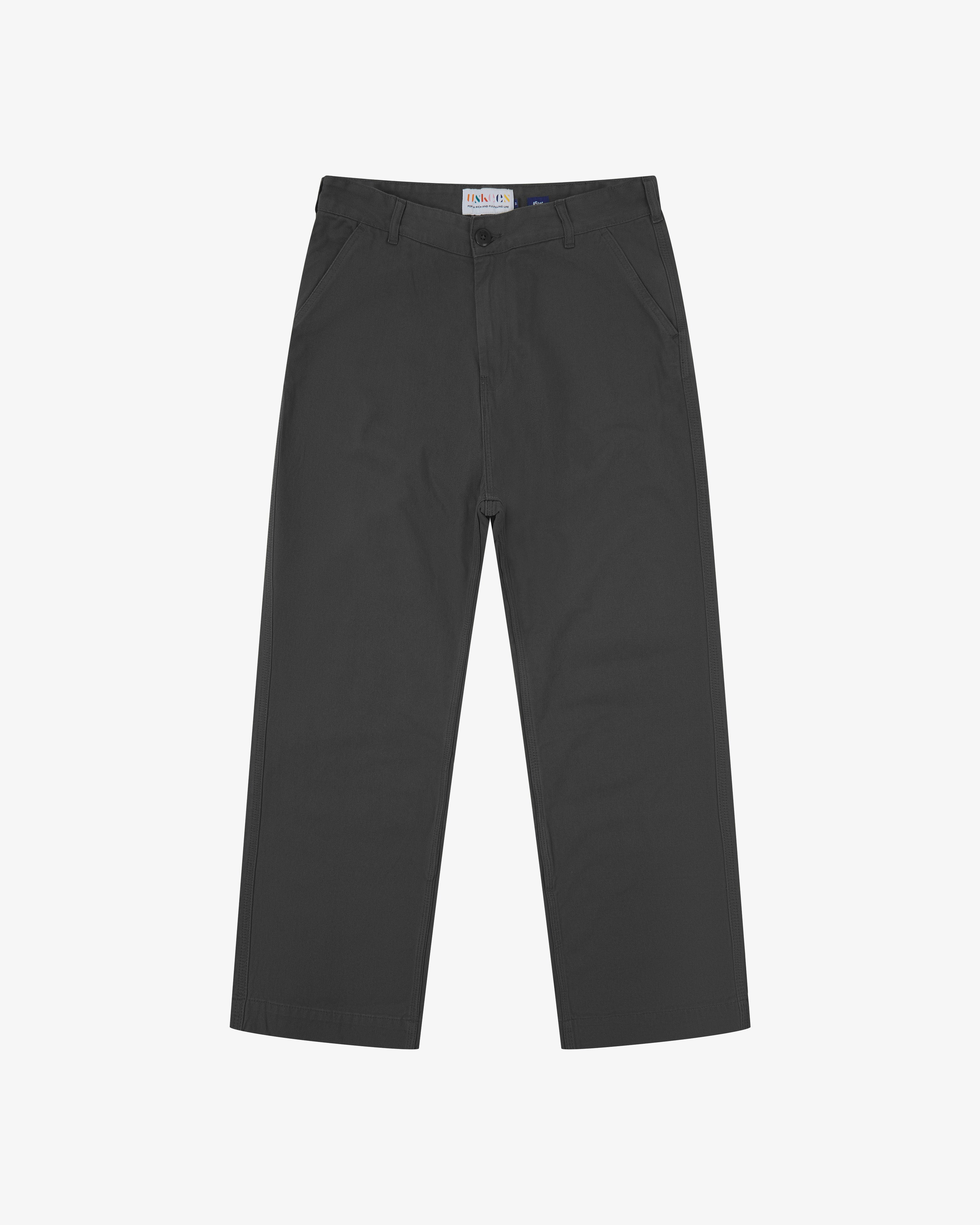 Front flat view of 5016 Uskees men's organic twill charcoal grey 'commuter' trousers showing straight leg fit.