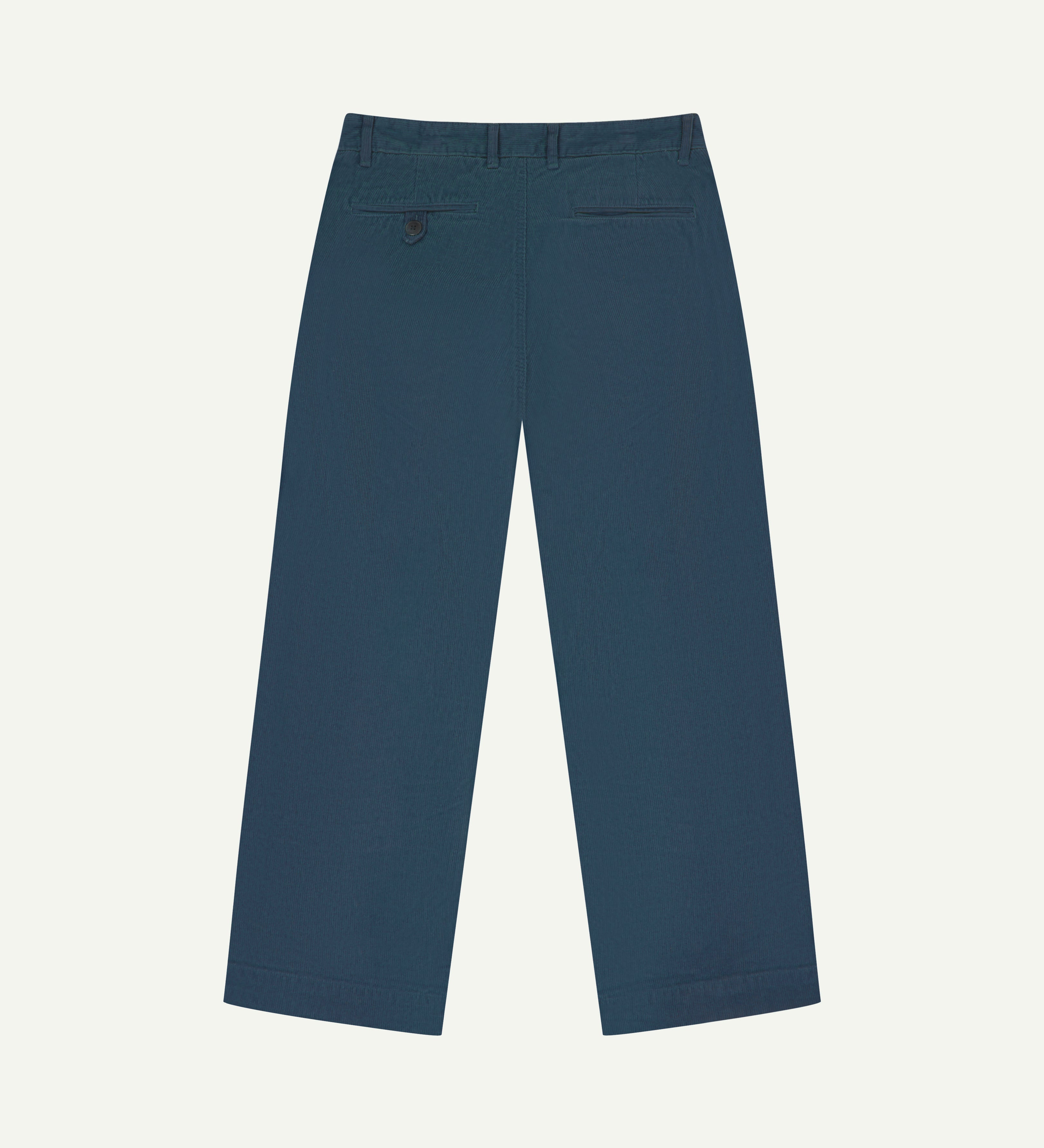 Back flat shot of Uskees #5018 cord boat pants in Petrol Blue showing belt loops and back pockets.