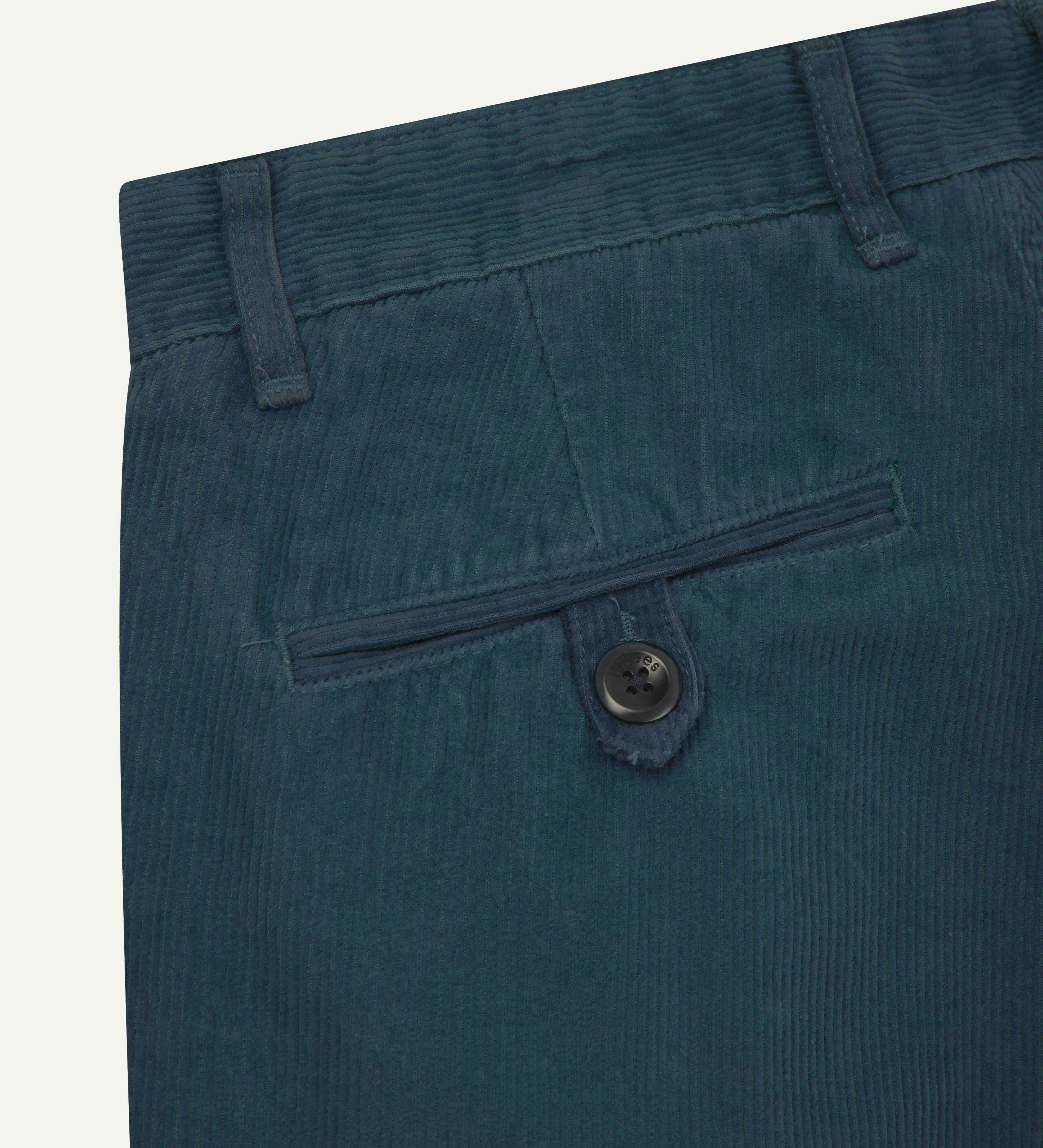 Close up back shot of Uskees 5018 cord boat pants in petrol blue.