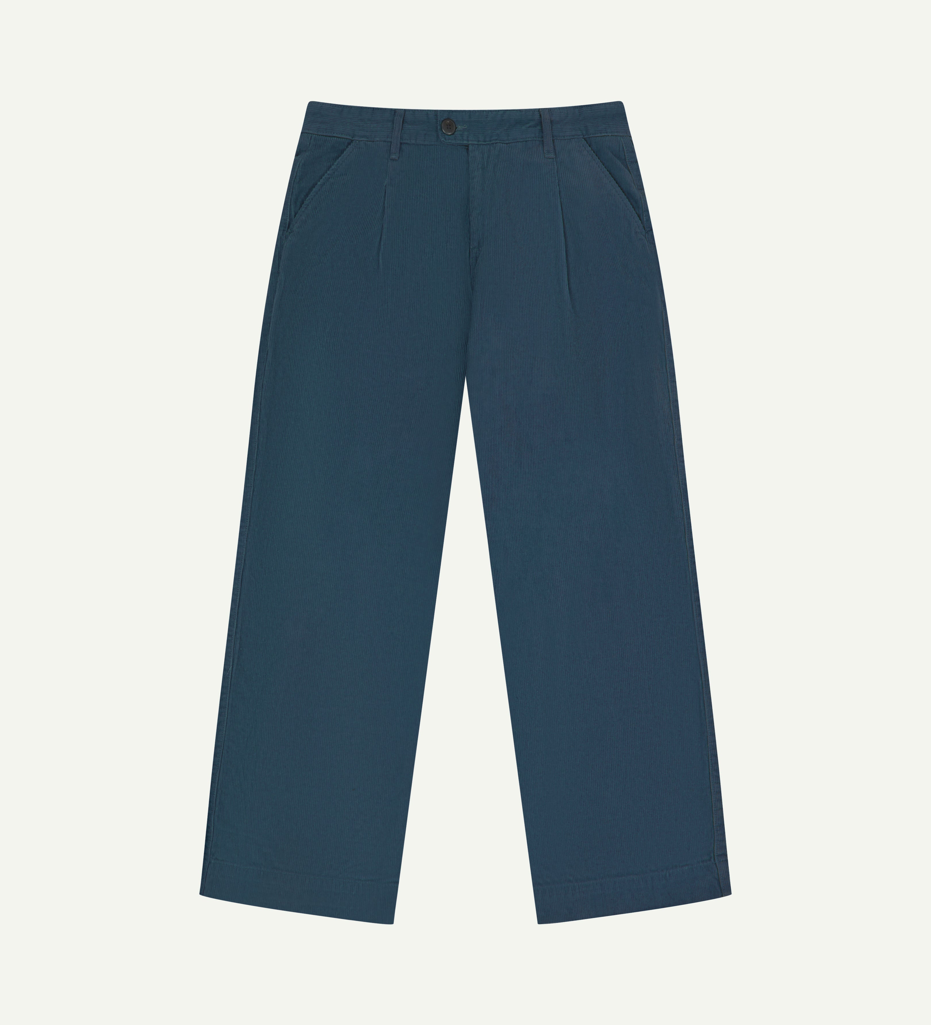 Front flat shot of Uskees cord boat pants in petrol blue.  Showing Corozo button fasteningand wide leg fit.
