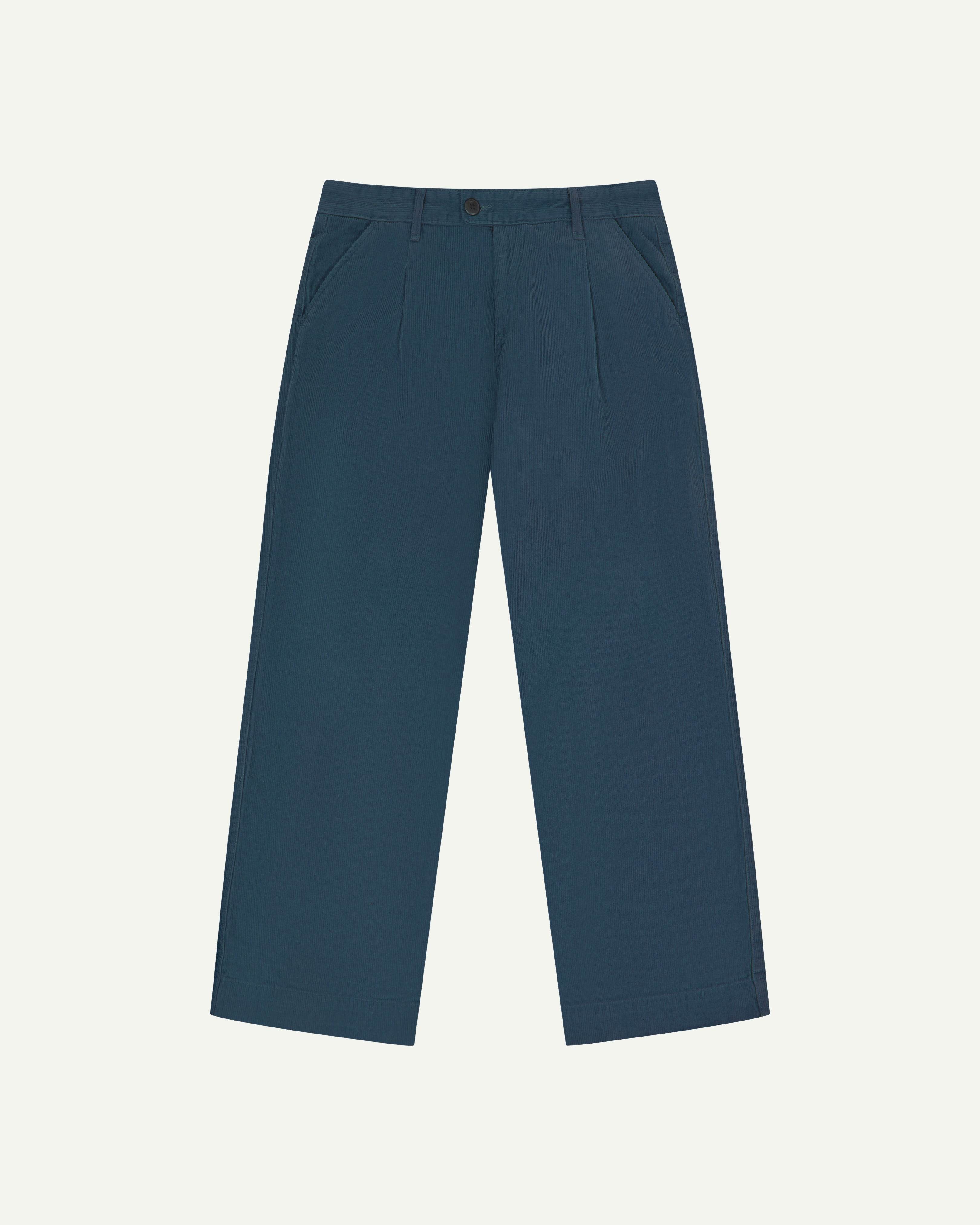 Front flat shot of Uskees cord boat pants in petrol blue.  Showing Corozo button fasteningand wide leg fit.