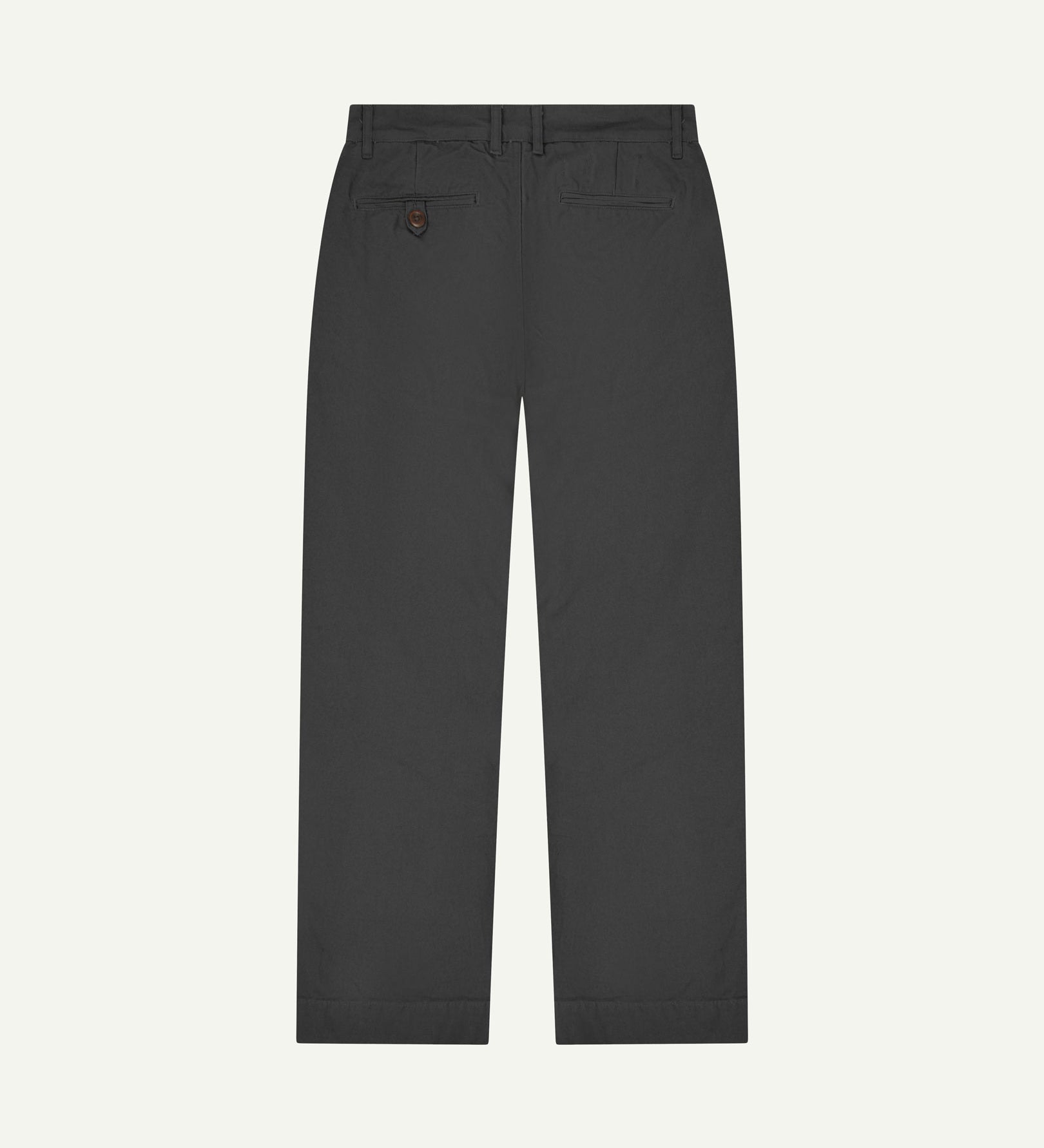 Back view of 5018 Uskees men's organic mid-weight cotton boat trousers in charcoal grey showing wide leg style and buttoned back pocket.