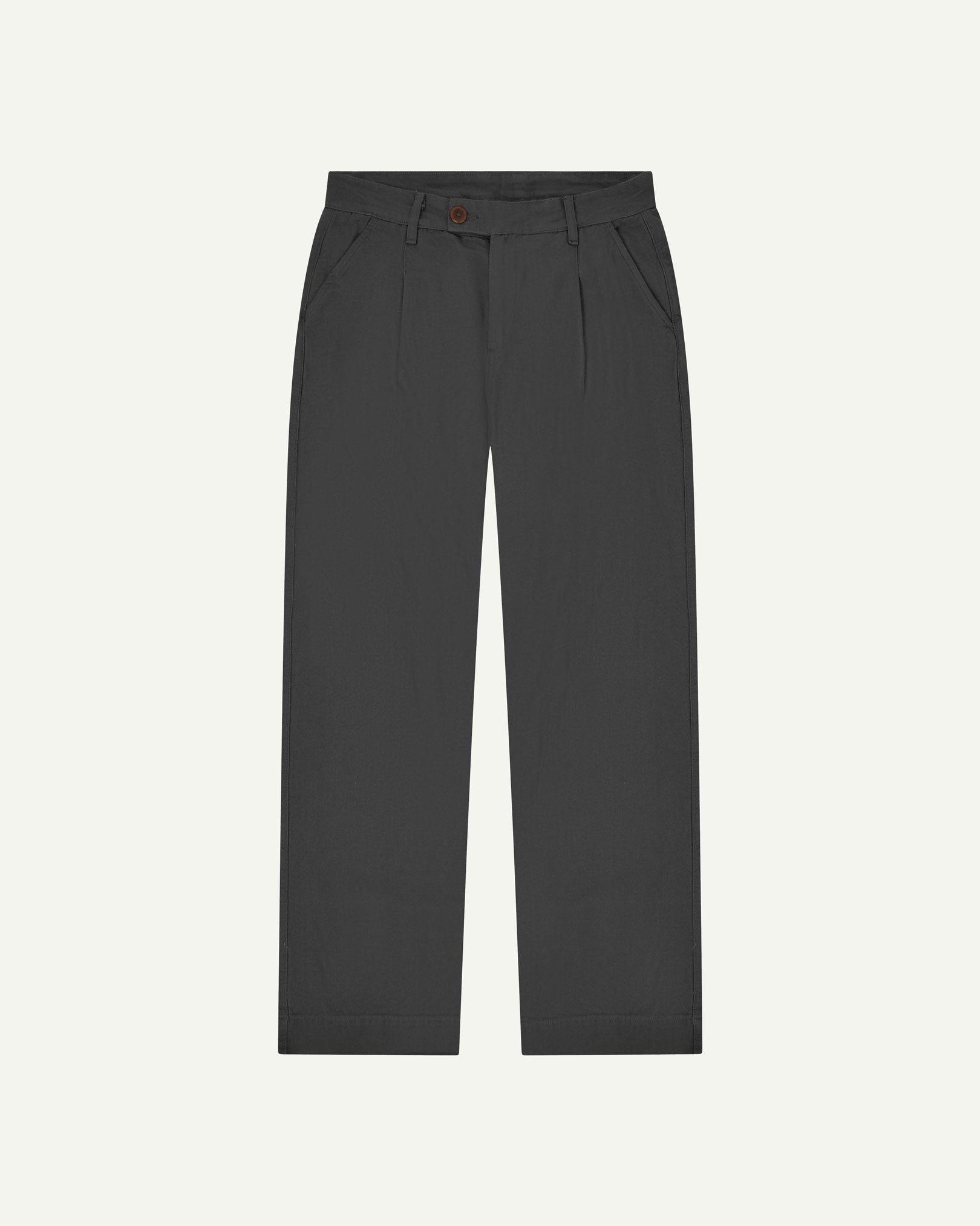 Front flat shot of 5018 Uskees men's organic mid-weight cotton boat trousers in charcoal grey showing contemporary wide leg style.