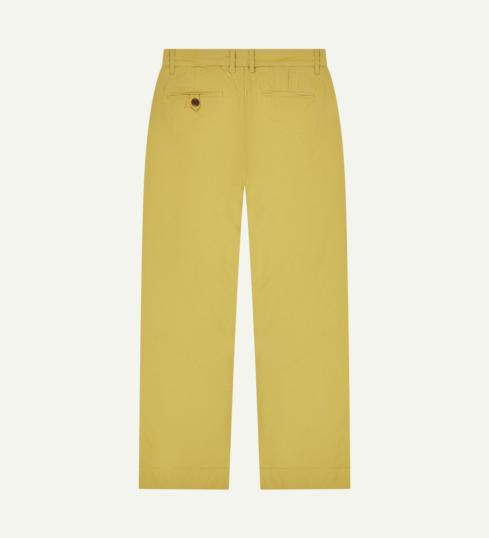 Back view of 5018 Uskees men's organic mid-weight cotton boat trousers in acid yellow (citronella) showing wide leg style and buttoned back pocket.