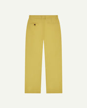 Back view of 5018 Uskees men's organic mid-weight cotton boat trousers in acid yellow (citronella) showing wide leg style and buttoned back pocket.