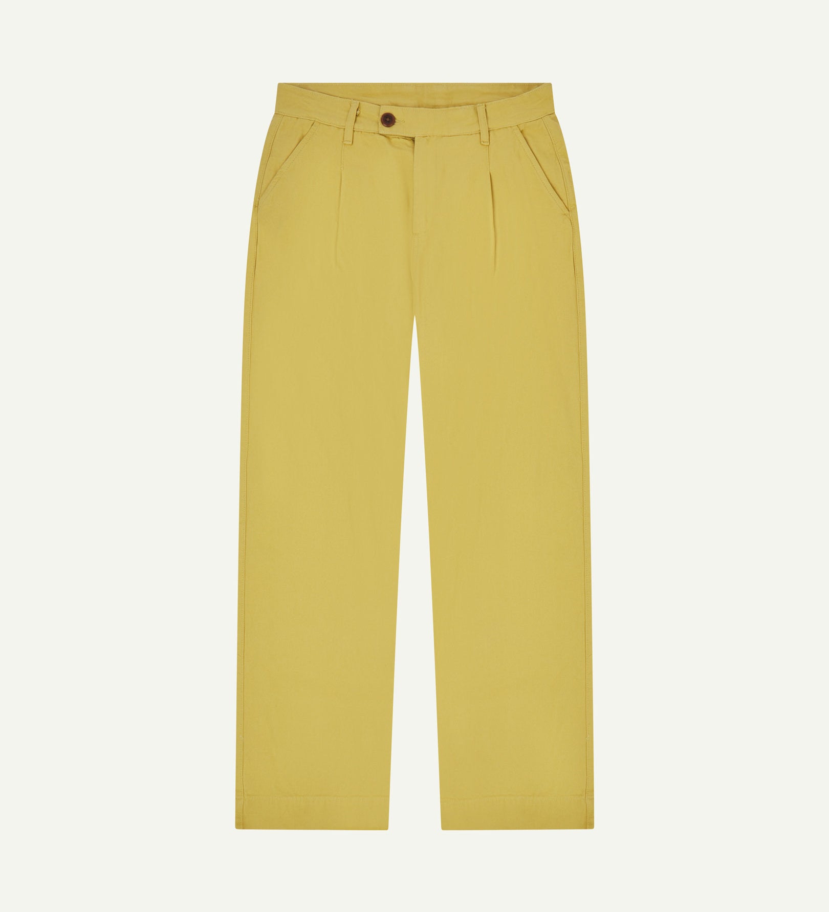 Front flat shot of 5018 Uskees men's organic mid-weight cotton boat trousers in acid yellow (citronella) showing contemporary wide leg style.