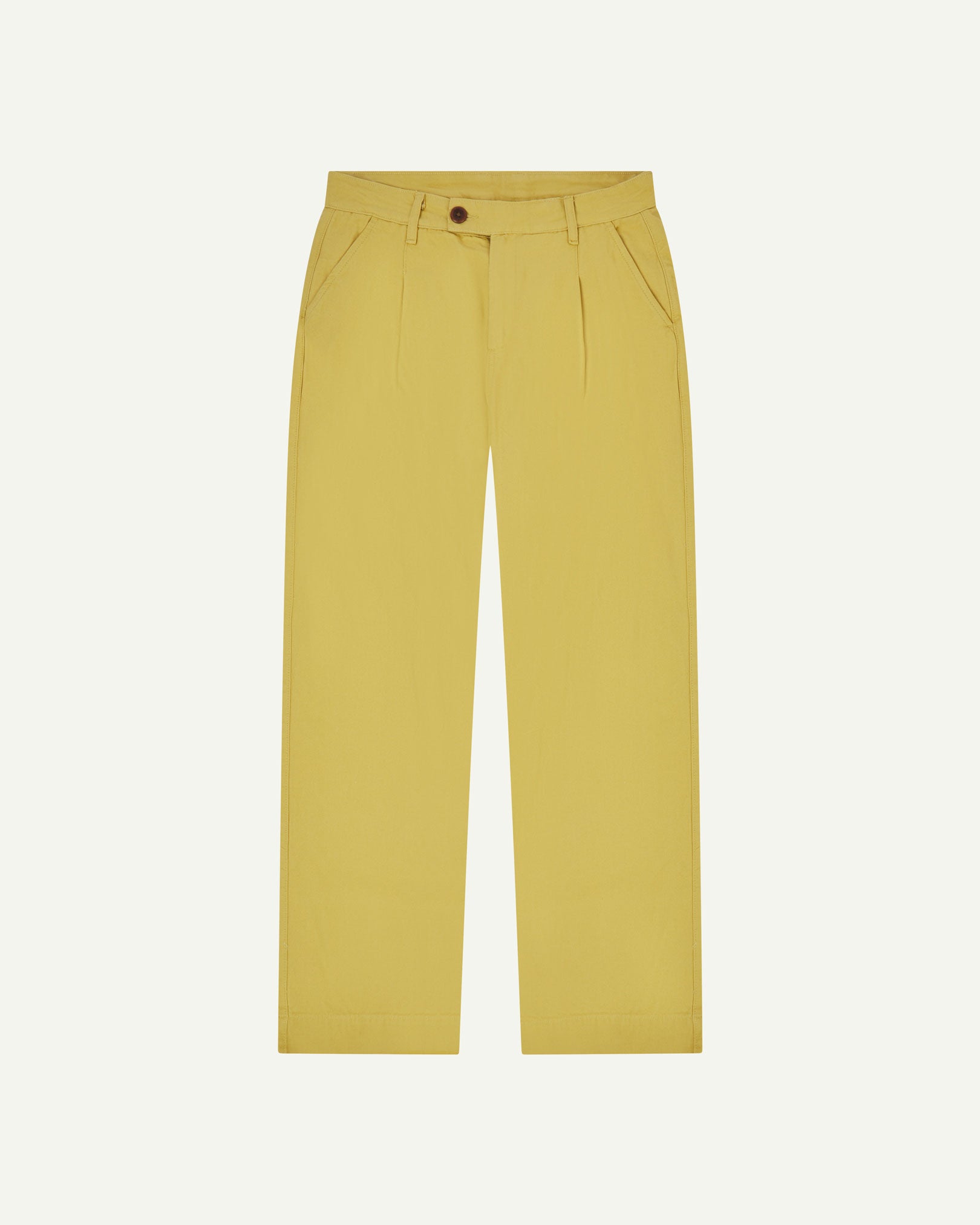 Front flat shot of 5018 Uskees men's organic mid-weight cotton boat trousers in acid yellow (citronella) showing contemporary wide leg style.