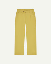 Front flat shot of 5018 Uskees men's organic mid-weight cotton boat trousers in acid yellow (citronella) showing contemporary wide leg style.