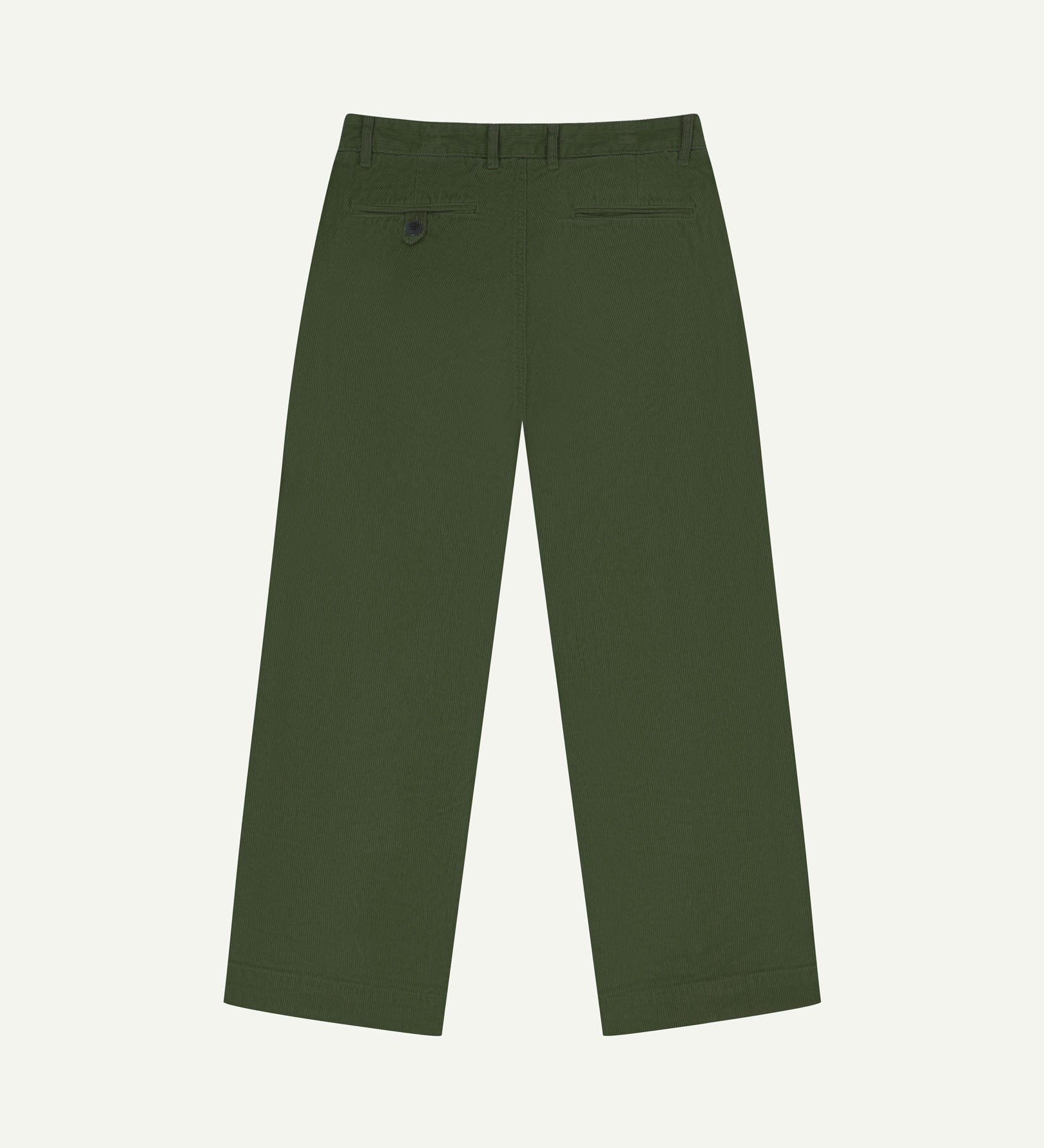 Back flat view of Uskees 5018 cord boat pants in coriander green showing belt loops, back pockets and simple, vintage silhouette.