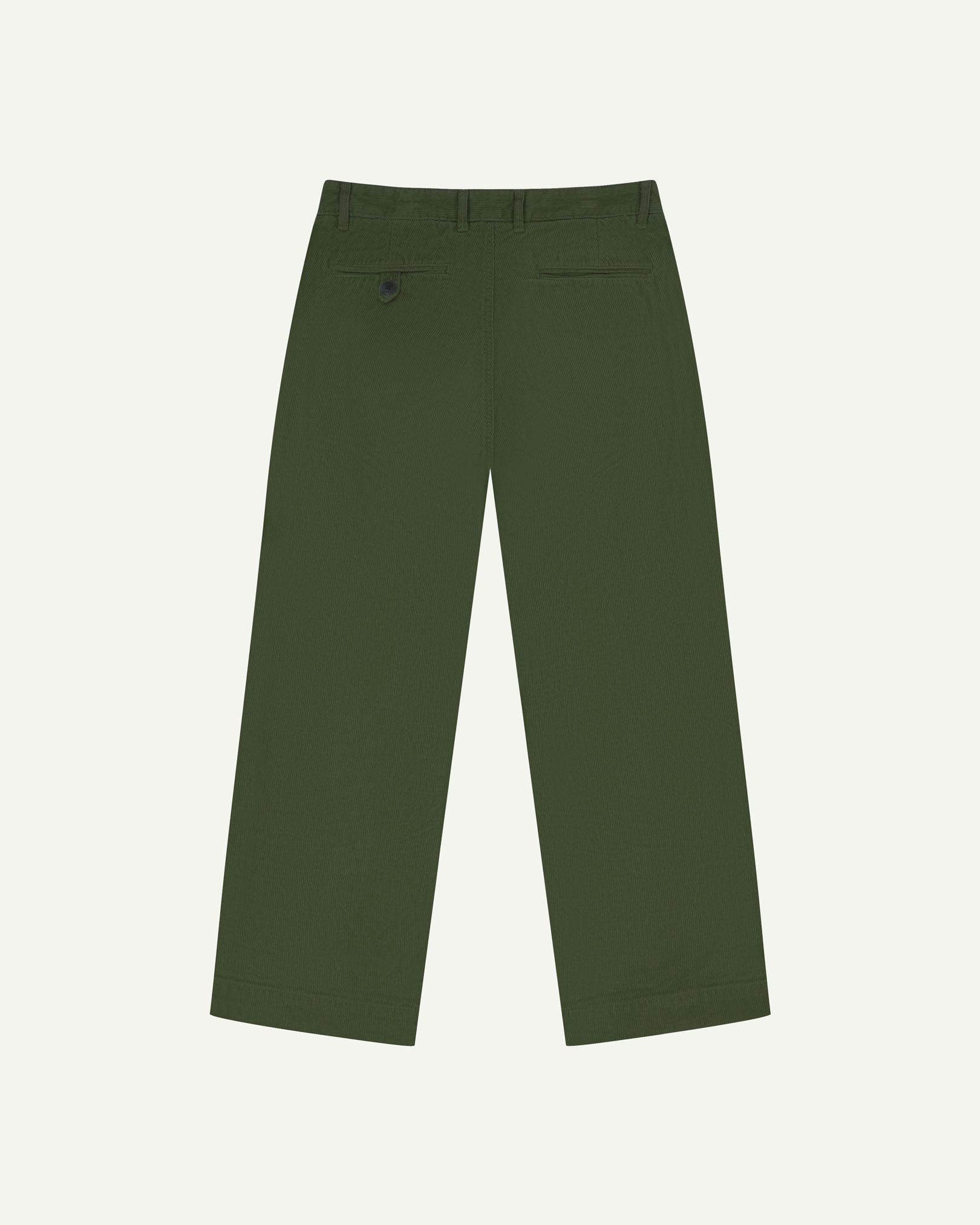 Back flat view of Uskees 5018 cord boat pants in coriander green showing belt loops, back pockets and simple, vintage silhouette.