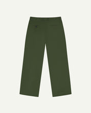 Back flat view of Uskees 5018 cord boat pants in coriander green showing belt loops, back pockets and simple, vintage silhouette.