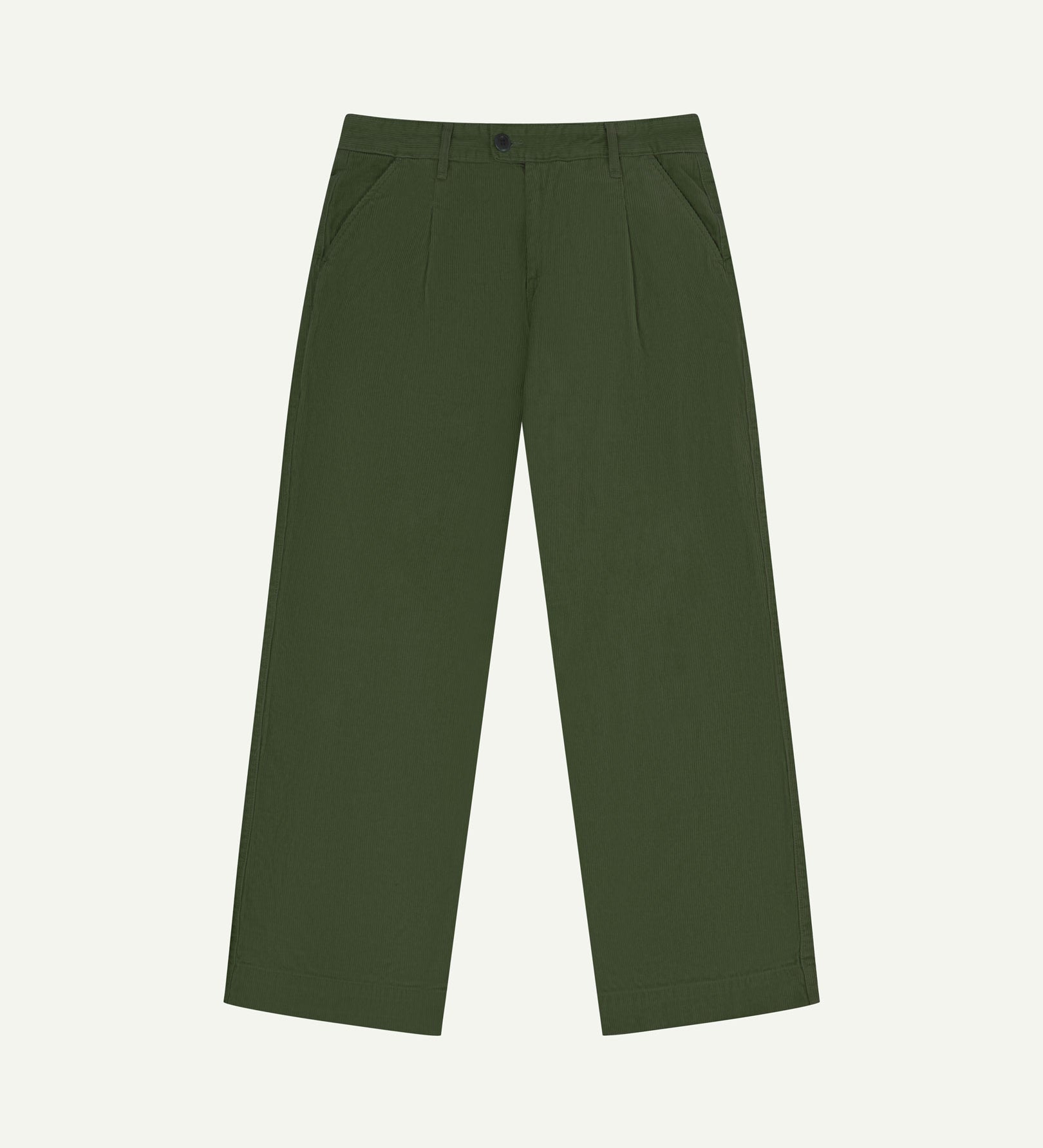 Front flat view of Uskees cord boat pants in coriander green. Showing Corozo button fastening and wide leg fit.