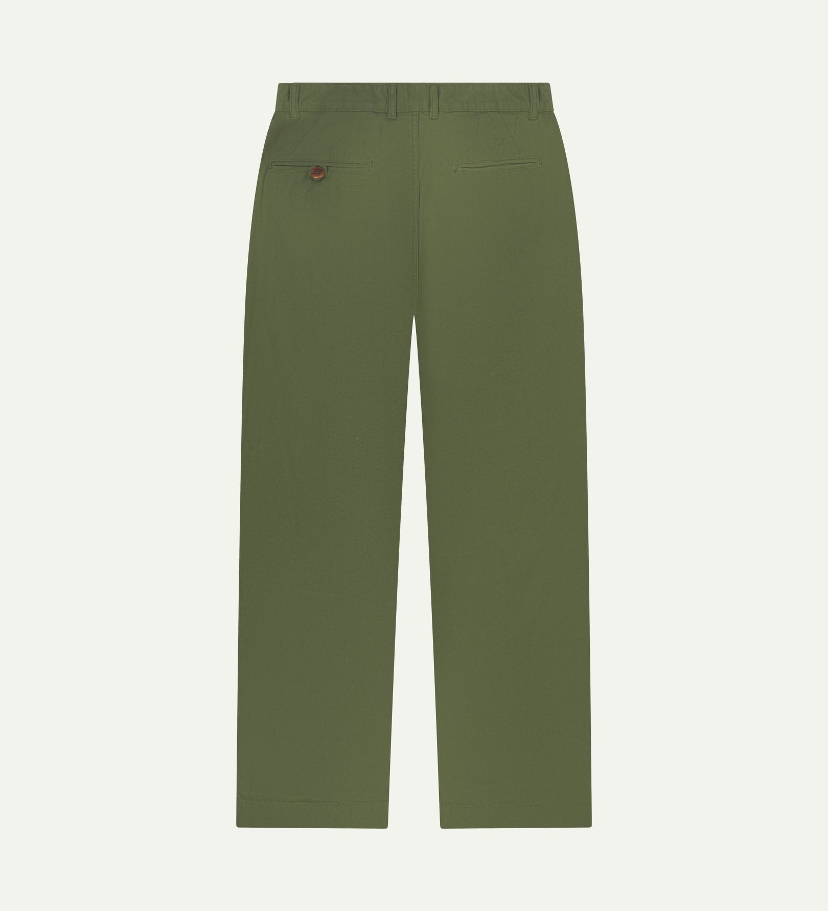 Back view of 5018 Uskees men's organic mid-weight cotton boat trousers in coriander-green showing wide leg style and buttoned back pocket.