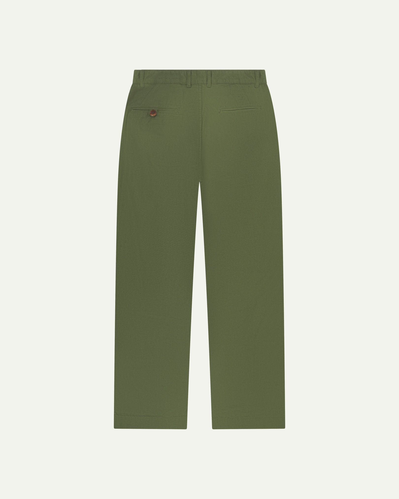 Back view of 5018 Uskees men's organic mid-weight cotton boat trousers in coriander-green showing wide leg style and buttoned back pocket.