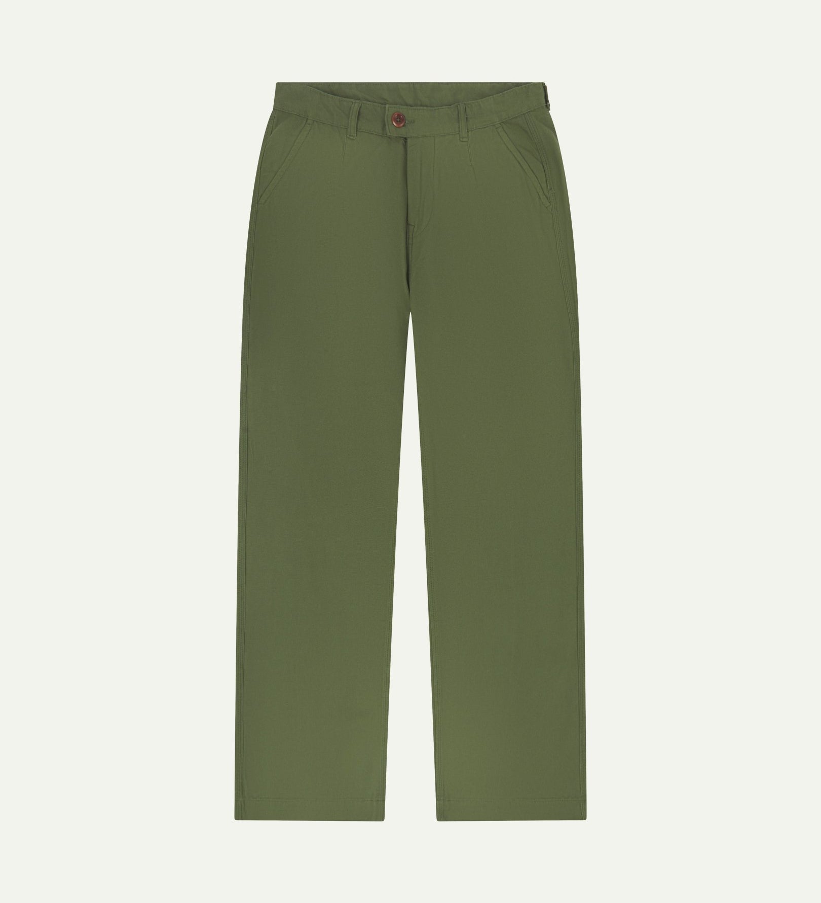 Front flat shot of 5018 Uskees men's organic mid-weight cotton boat trousers in coriander-green showing contemporary wide leg style.