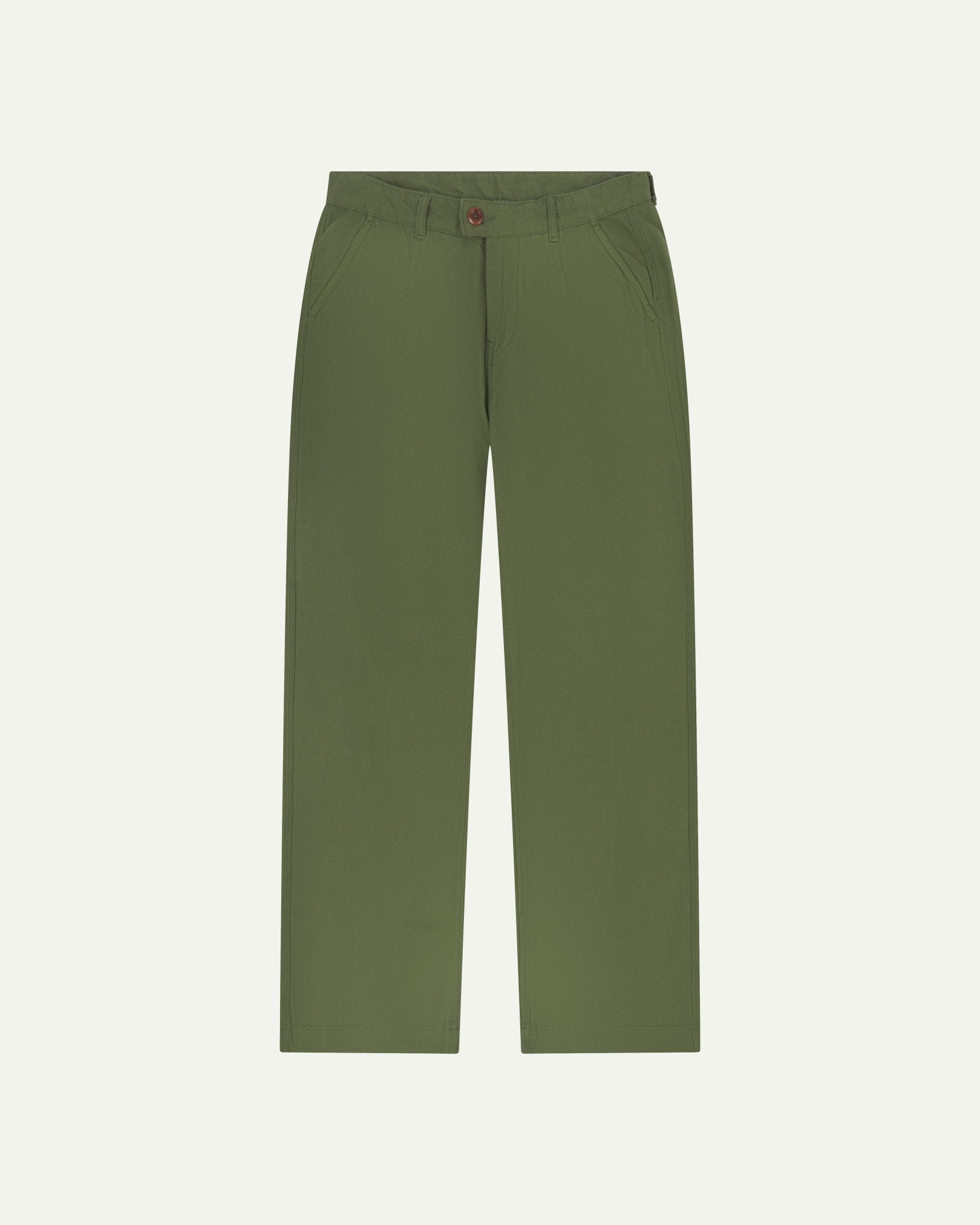 Front flat shot of 5018 Uskees men's organic mid-weight cotton boat trousers in coriander-green showing contemporary wide leg style.