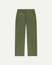 Front flat shot of 5018 Uskees men's organic mid-weight cotton boat trousers in coriander-green showing contemporary wide leg style.