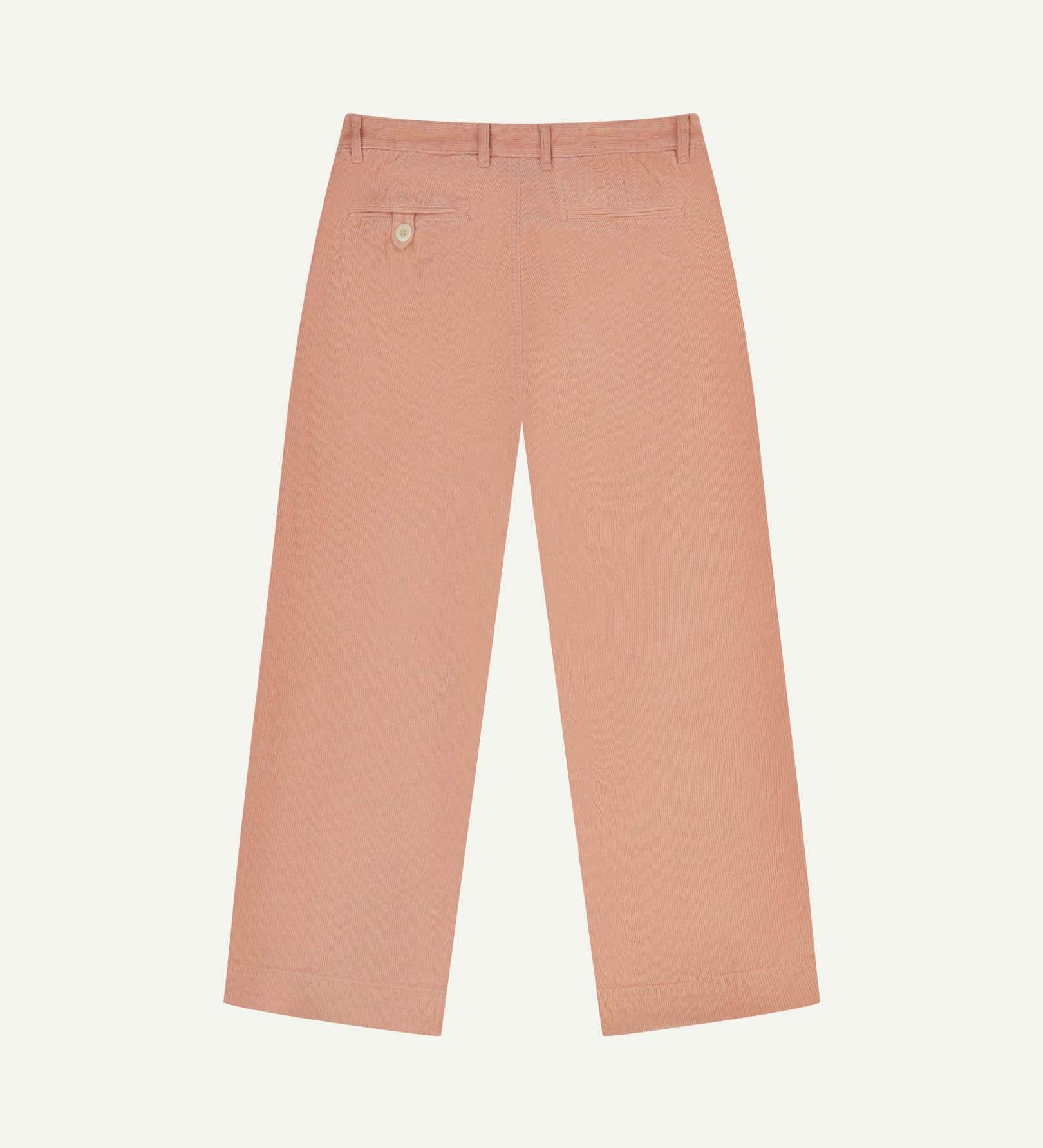 Back flat view of Uskees 5018 cord boat pants in dusty pink showing belt loops, back pockets and simple, vintage silhouette.