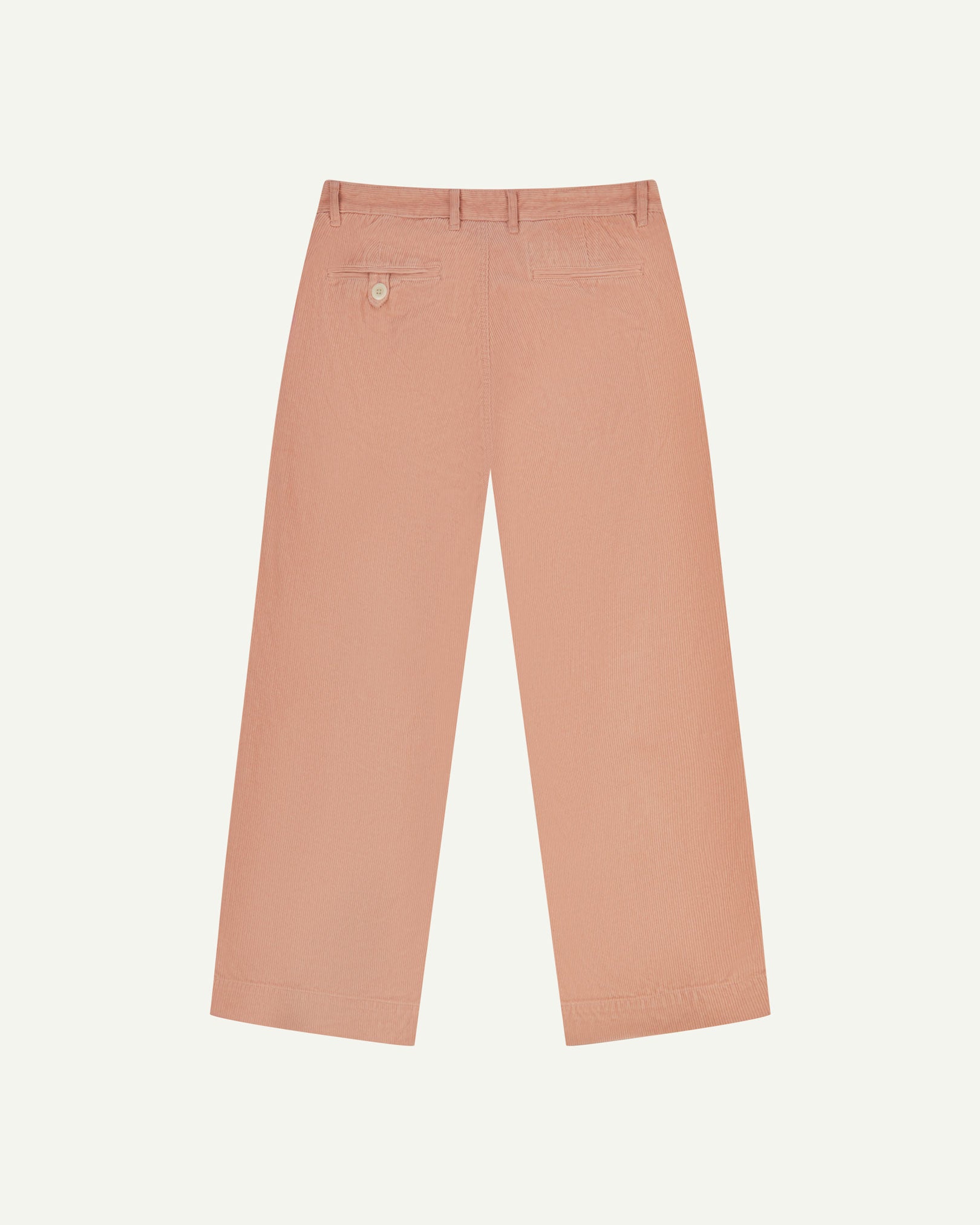 Back flat view of Uskees 5018 cord boat pants in dusty pink showing belt loops, back pockets and simple, vintage silhouette.