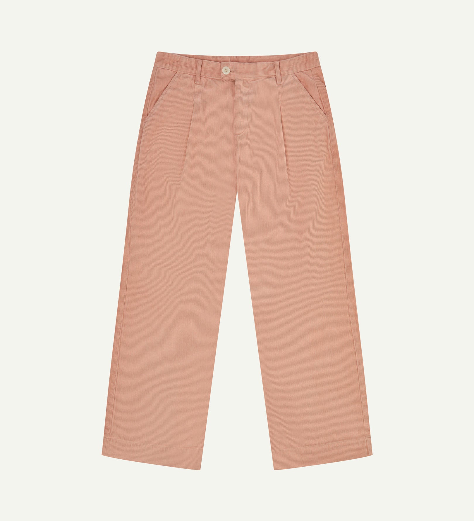 Front flat view of Uskees cord boat pants in dusty pink. Showing Corozo button fastening and wide leg fit.