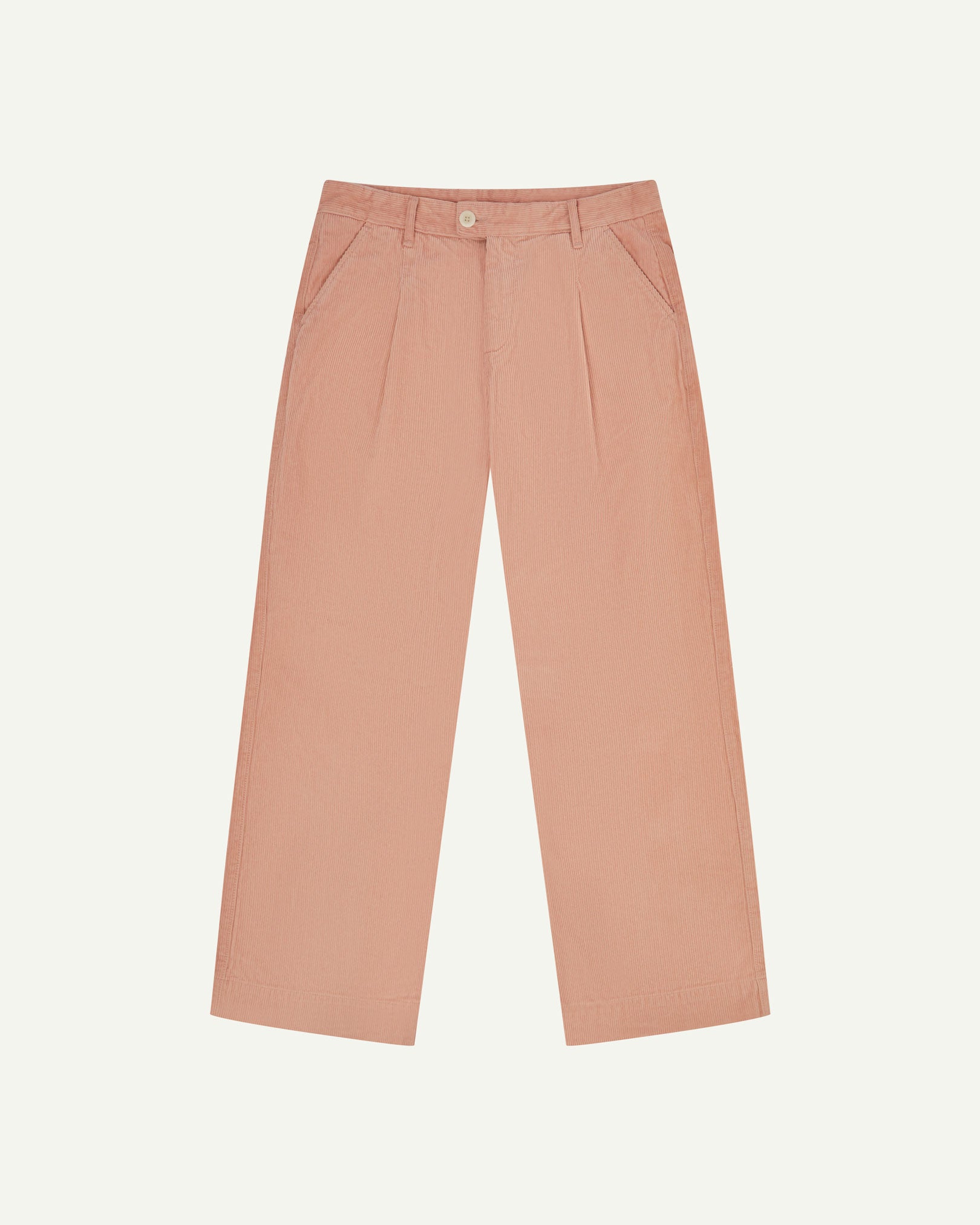Front flat view of Uskees cord boat pants in dusty pink. Showing Corozo button fastening and wide leg fit.