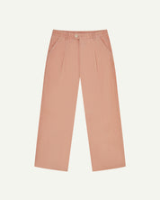 Front flat view of Uskees cord boat pants in dusty pink. Showing Corozo button fastening and wide leg fit.