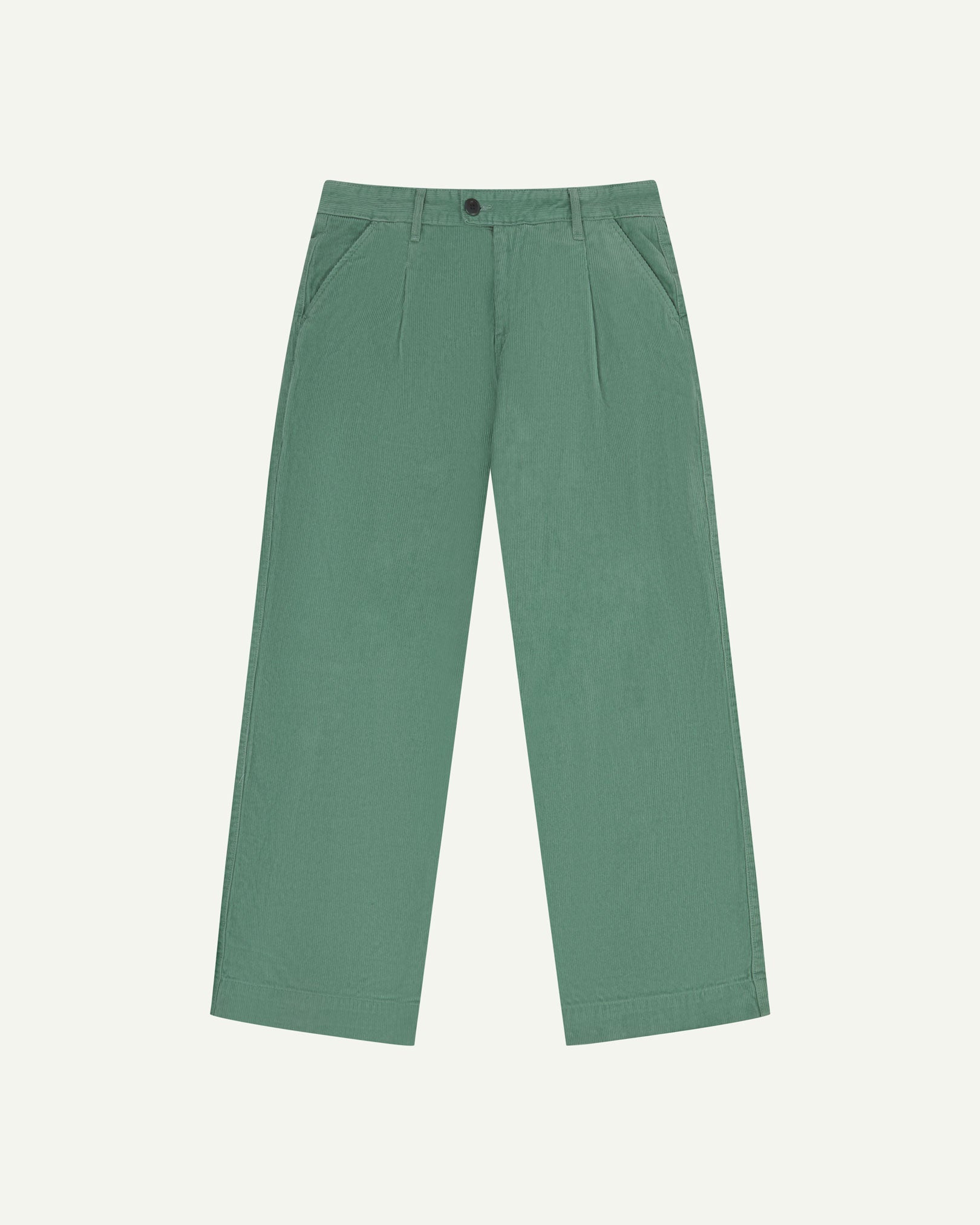 Front flat view of Uskees cord boat pants in eucalyptus. Showing Corozo button fastening and wide leg fit.