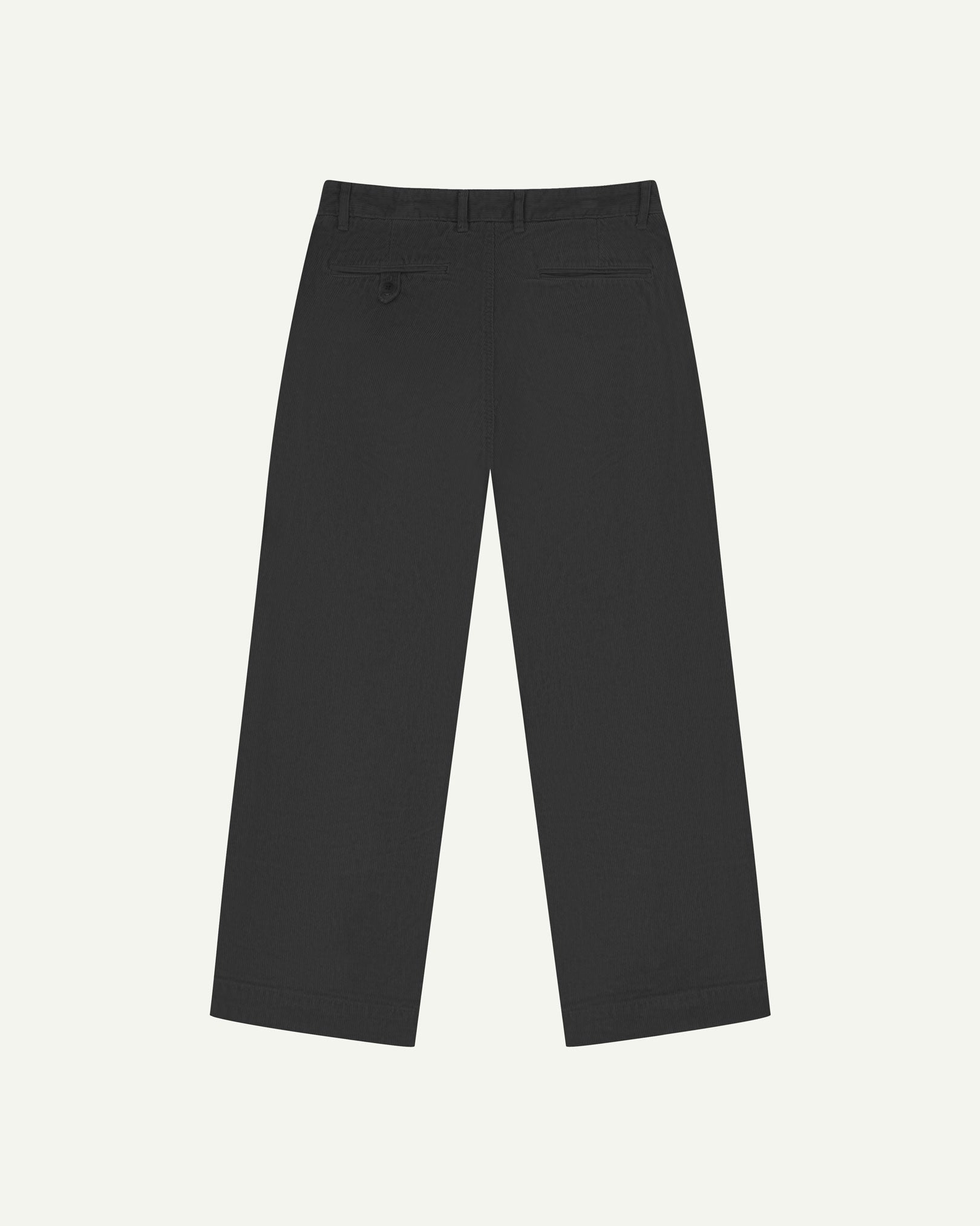 Back flat view of Uskees 5018 cord boat pants in faded black showing belt loops, back pockets and simple, vintage silhouette.