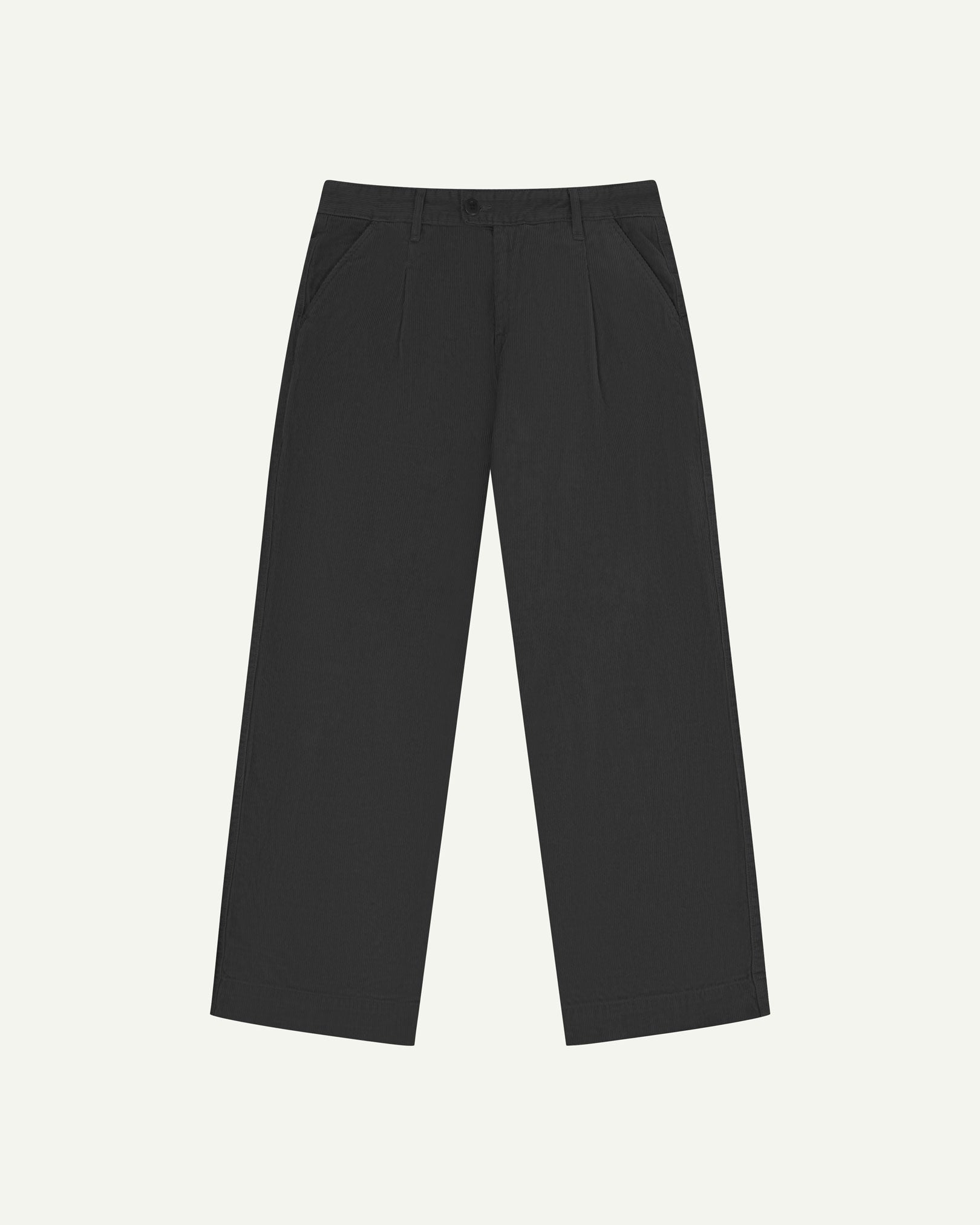 Front flat view of Uskees cord boat pants in faded black. Showing Corozo button fastening and wide leg fit.