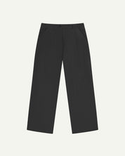 Front flat view of Uskees cord boat pants in faded black. Showing Corozo button fastening and wide leg fit.