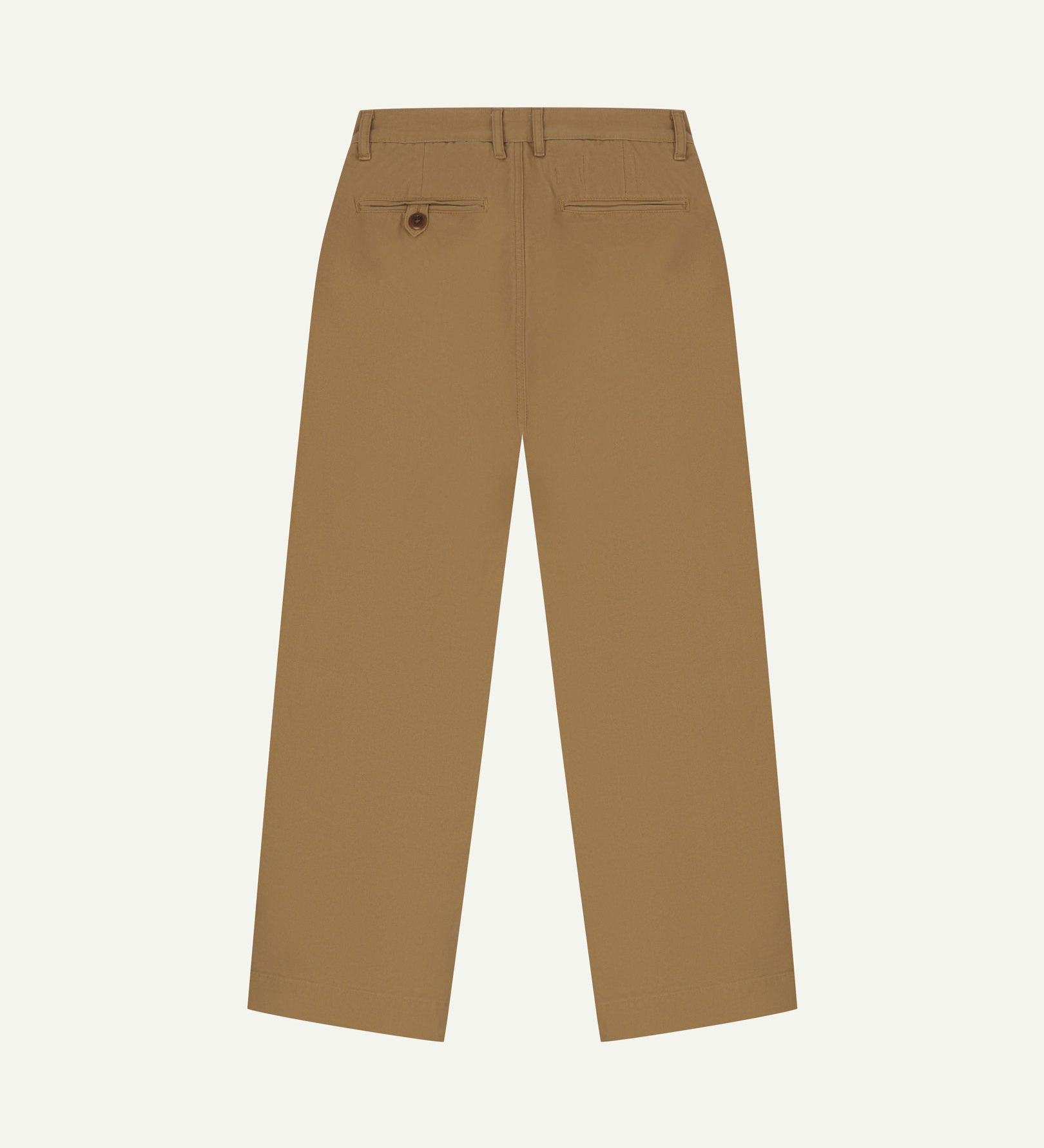 Back view of 5018 Uskees men's organic mid-weight cotton boat trousers in khaki showing wide leg style and buttoned back pocket.