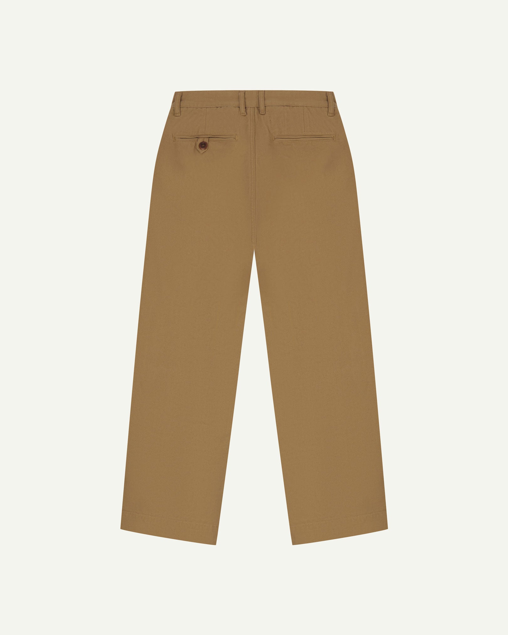 Back view of 5018 Uskees men's organic mid-weight cotton boat trousers in khaki showing wide leg style and buttoned back pocket.
