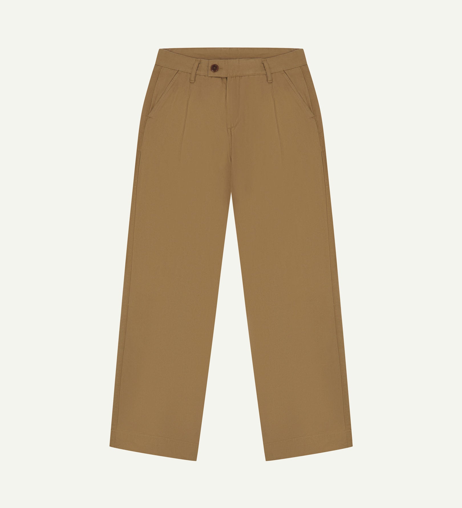 Front flat shot of 5018 Uskees men's organic mid-weight cotton boat trousers in khaki showing contemporary wide leg style.