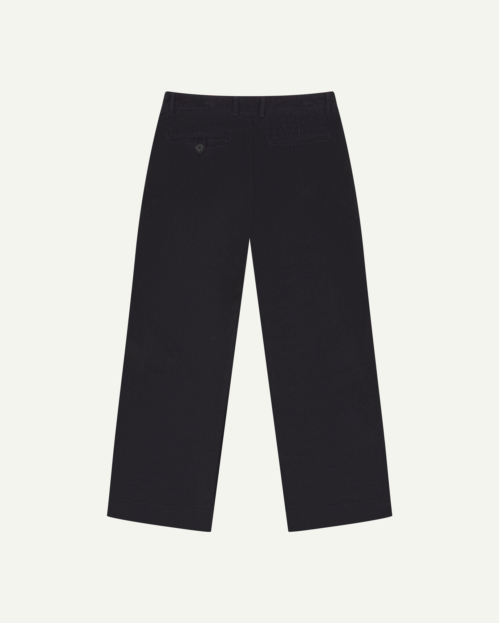 Back flat view of Uskees 5018 cord boat pants in midnight blue showing belt loops, back pockets and simple, vintage silhouette.